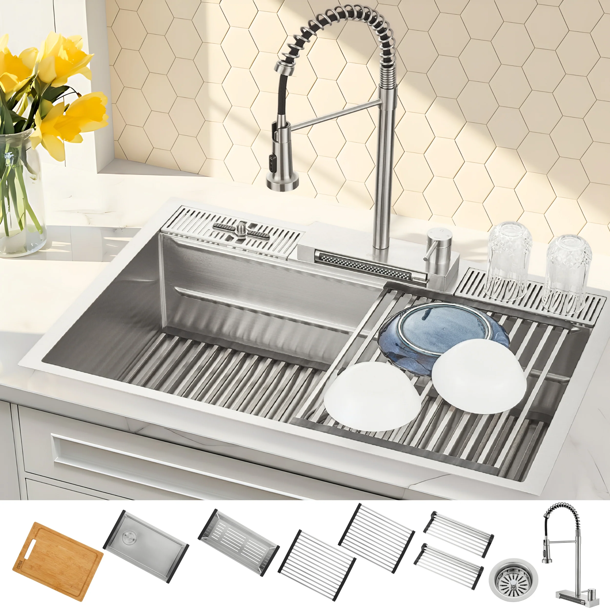 FORNO ACQUA 33 in. Drop-In/Undermount 3-Level MultiSINK Workstation Sink with Waterfall Faucet & Glass Rinser