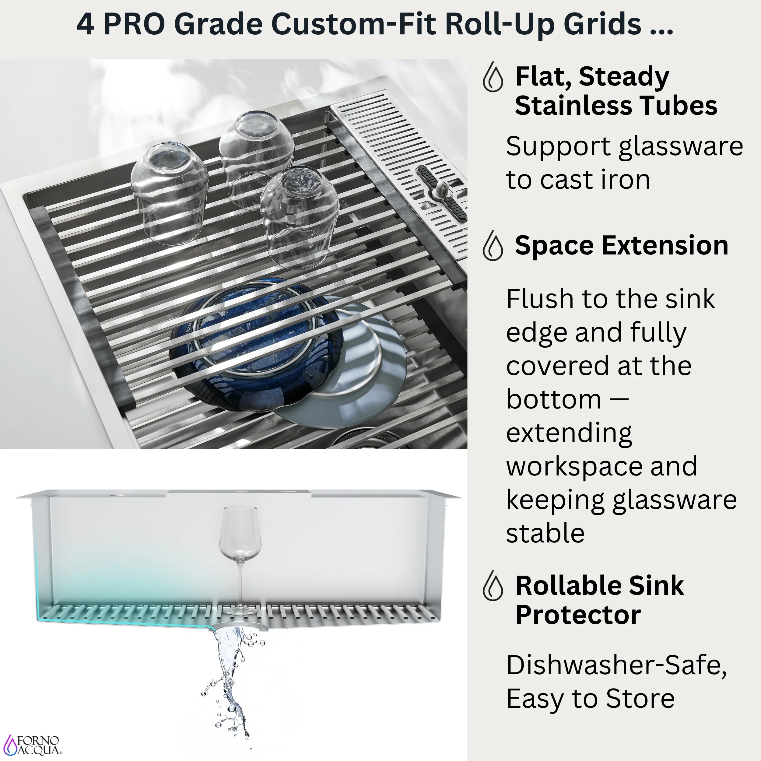FORNO ACQUA 33 in. Drop-In/Undermount 3-Level Workstation Sink with Faucet, Waterfall & Glass Rinser - Image 9