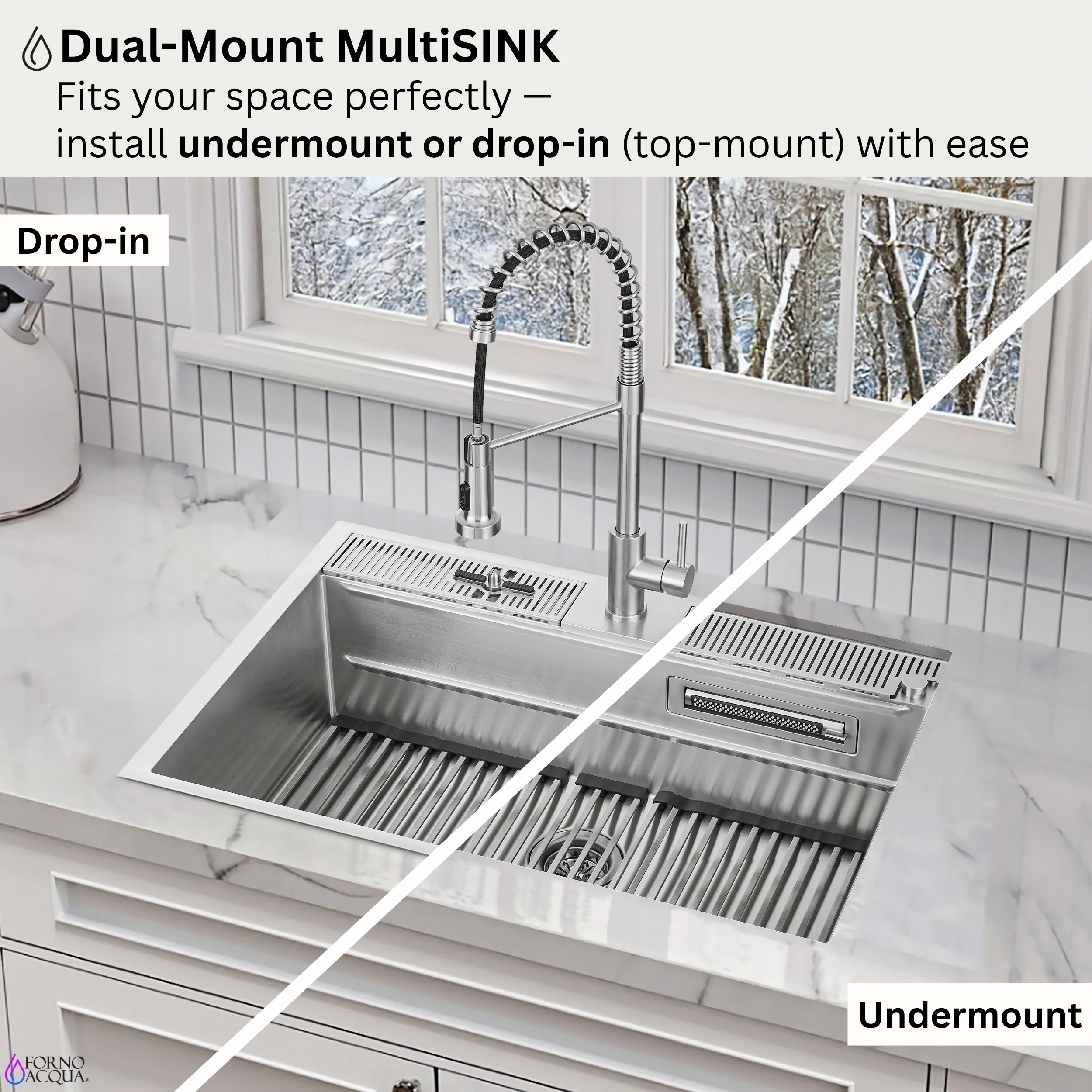 FORNO ACQUA 33 in. Drop-In/Undermount MultiSINK Workstation Sink with Waterfall Faucet & Glass Rinser - Image 13