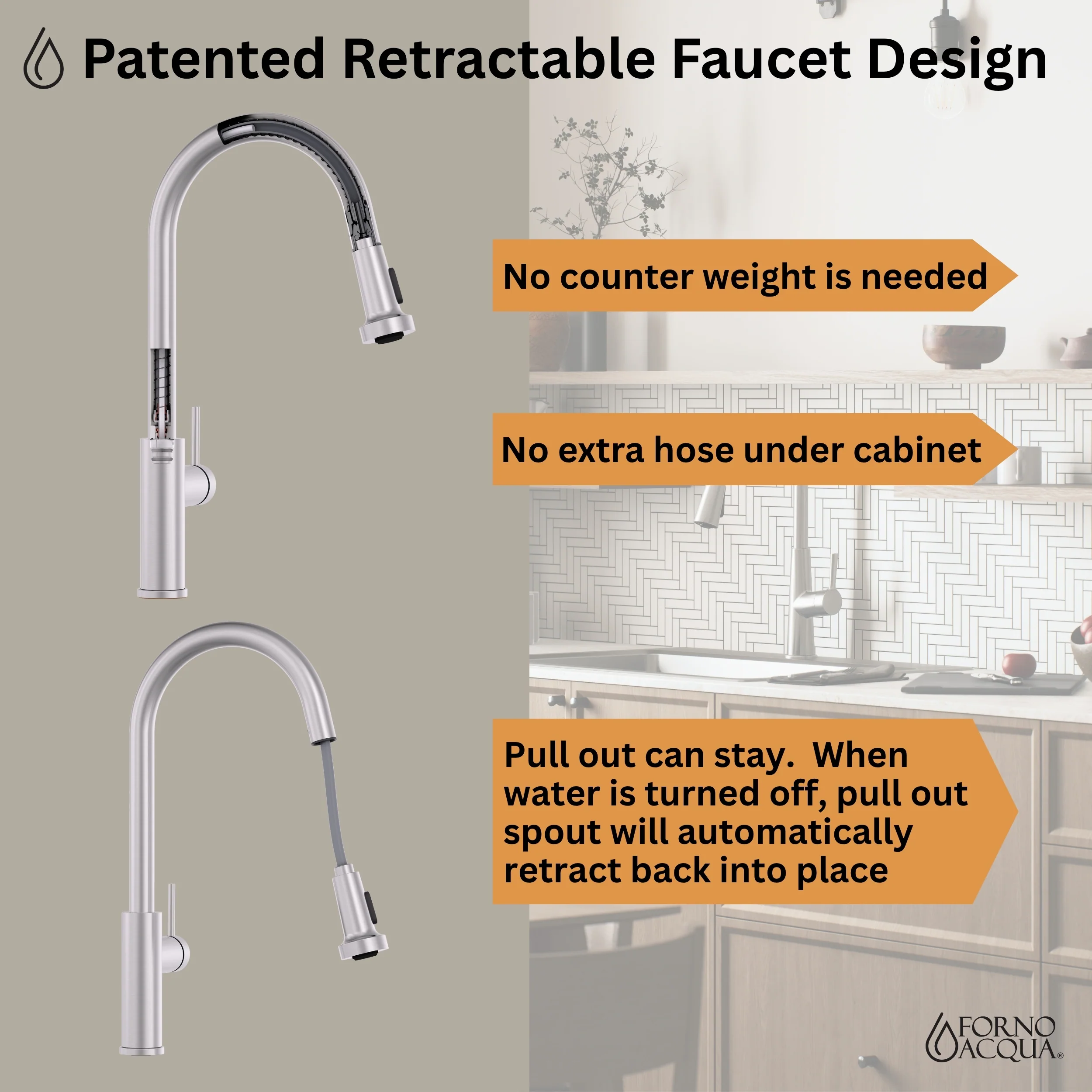 FORNO ACQUA 33 in. Drop-In/Undermount 40/60 Double Bowl Sink with Retractable Faucet & Waterfall - Image 9