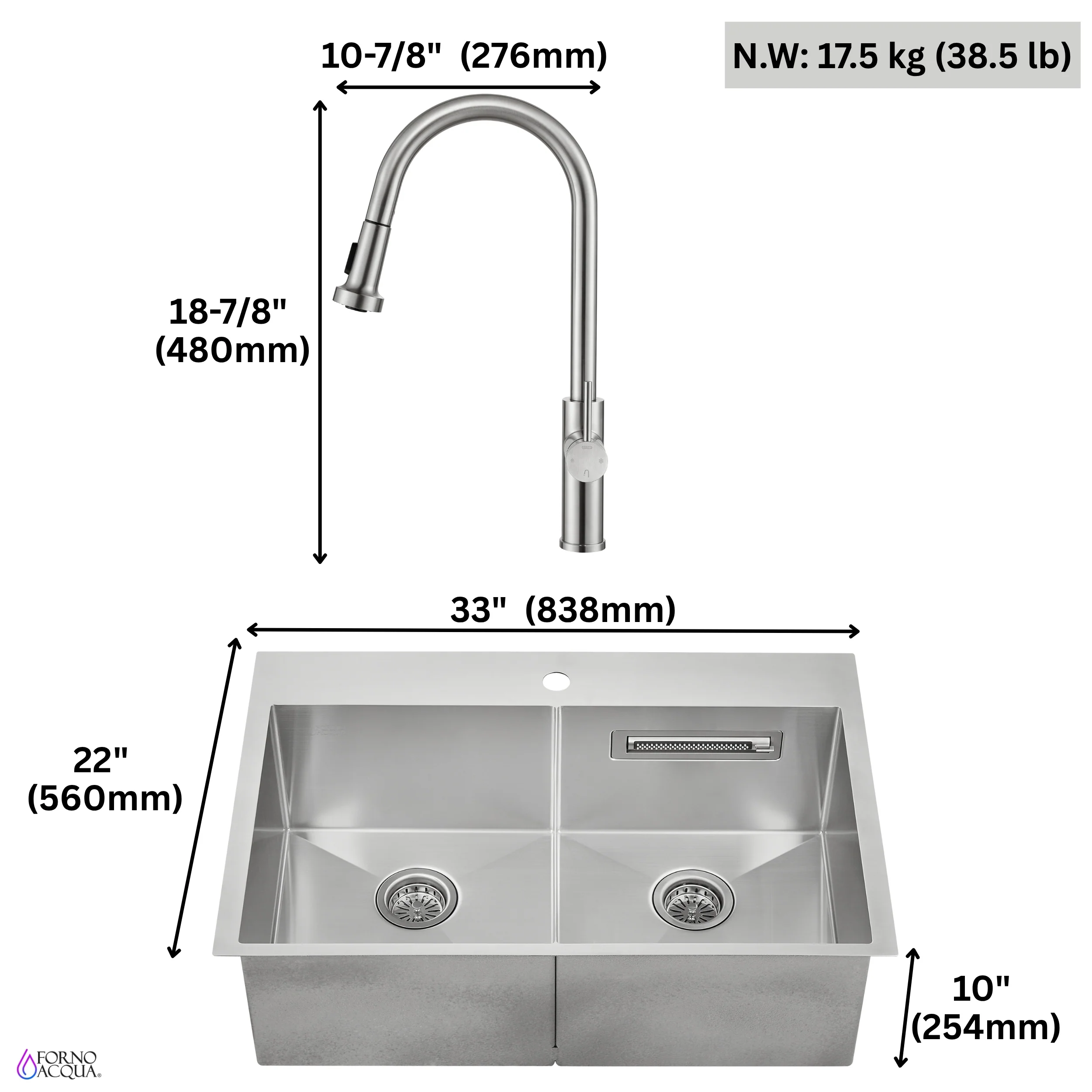 FORNO ACQUA 33 in. Drop-In/Undermount 50/50 Double Bowl Stainless Steel Sink with Faucet & Waterfall - Image 11