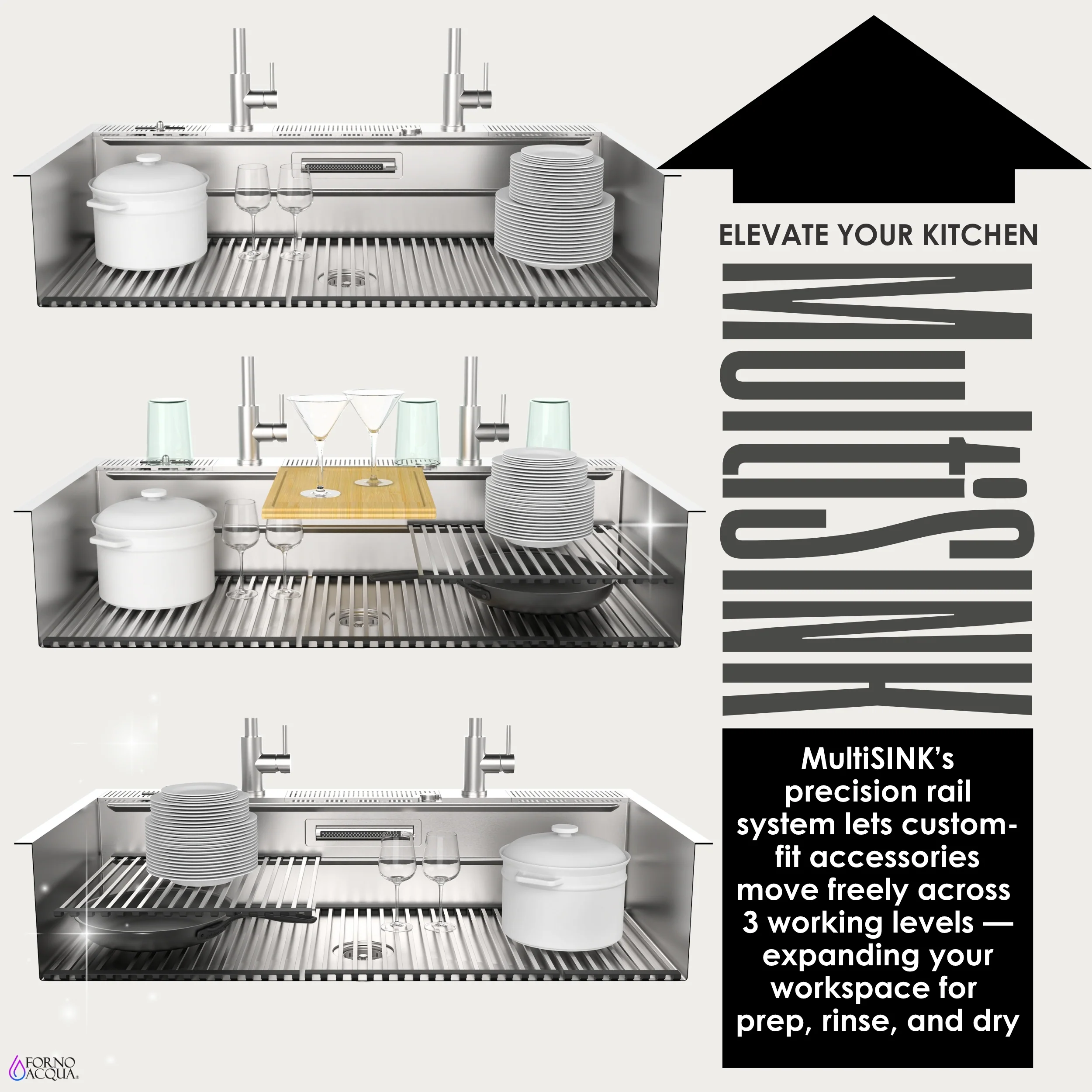 FORNO ACQUA 45 in. Undermount 3-Level Workstation MultiSINK with Custom-Fit Accessories - Image 3