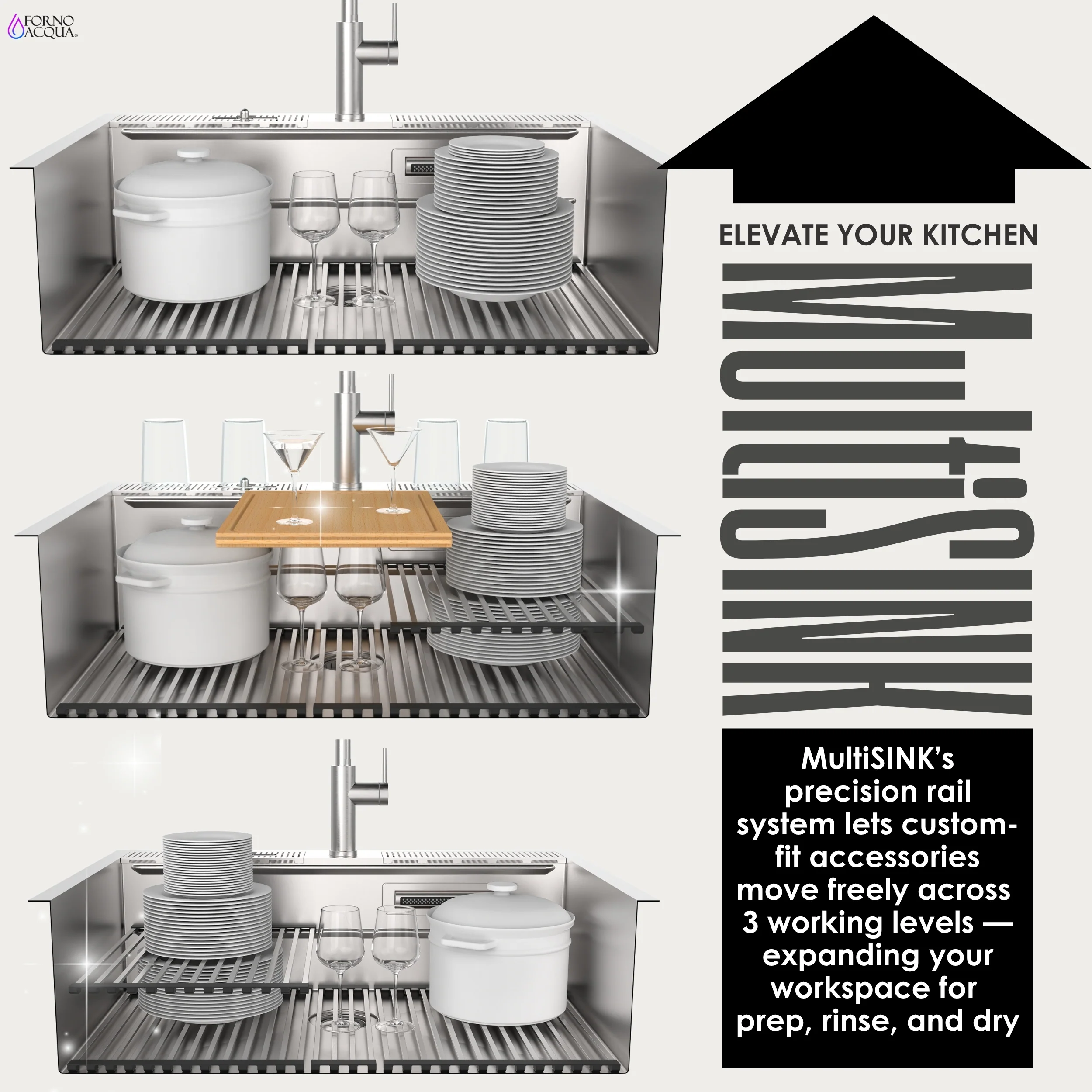 FORNO ACQUA 33 in. Drop-In/Undermount 3-Level MultiSINK Workstation Sink with Waterfall Faucet & Glass Rinser - Image 4
