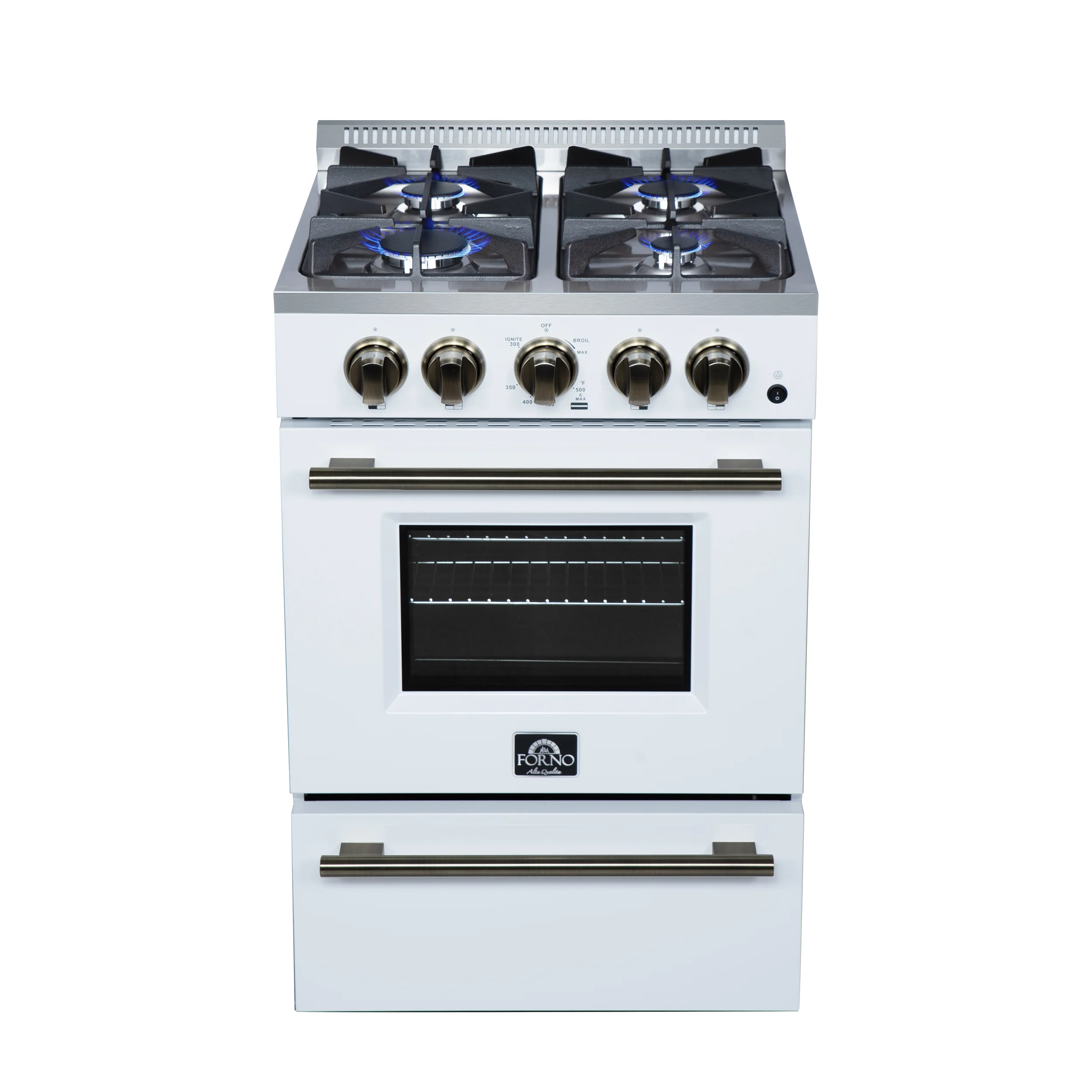 Forno Breno 24 Inch Freestanding Gas Range in White with Antique Brass, Compact Design - Image 2