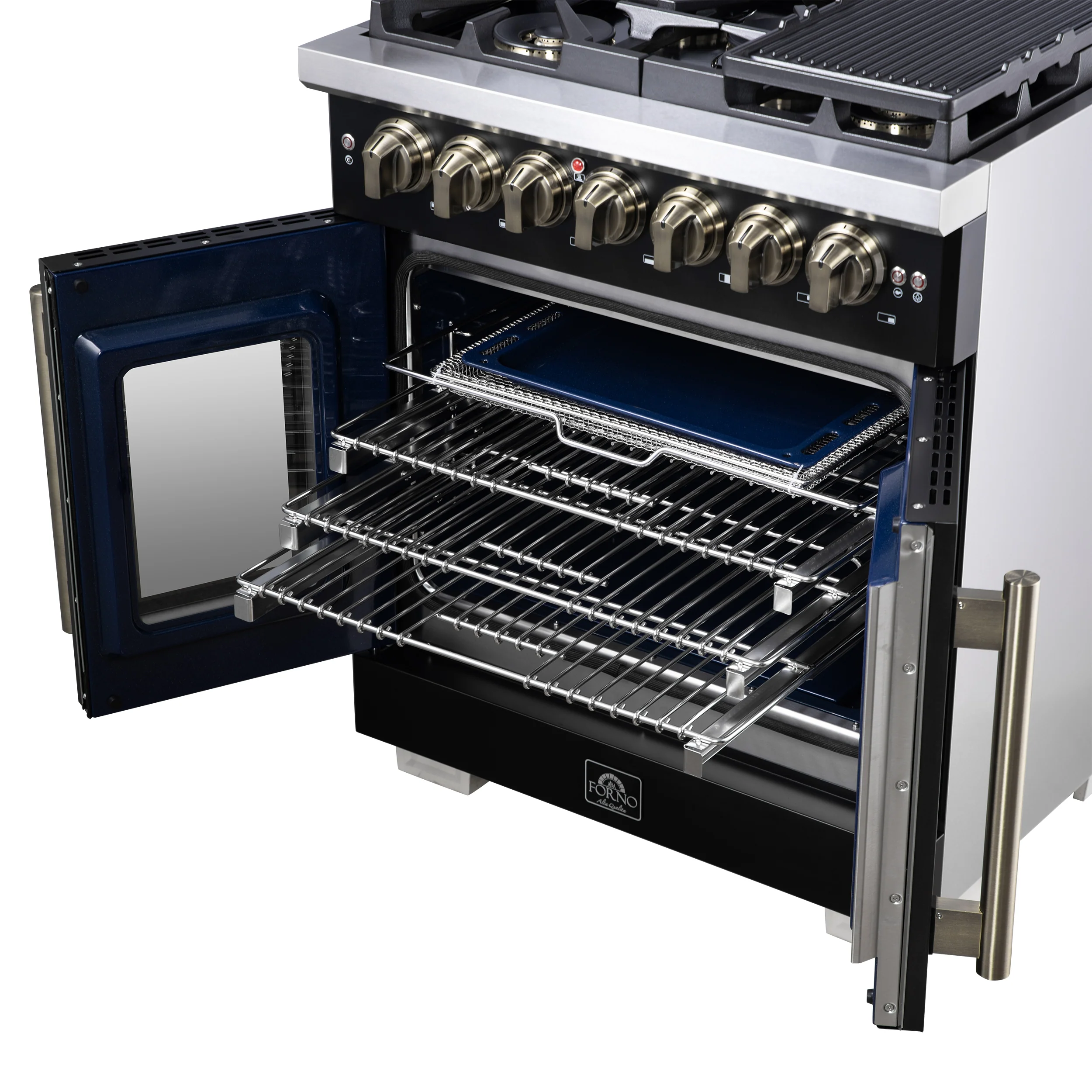 Forno Capriasca 30-Inch Freestanding French Door Dual Fuel Range in Black with Antique Brass Accessories, 5 Burners, True Convection Oven - Image 7