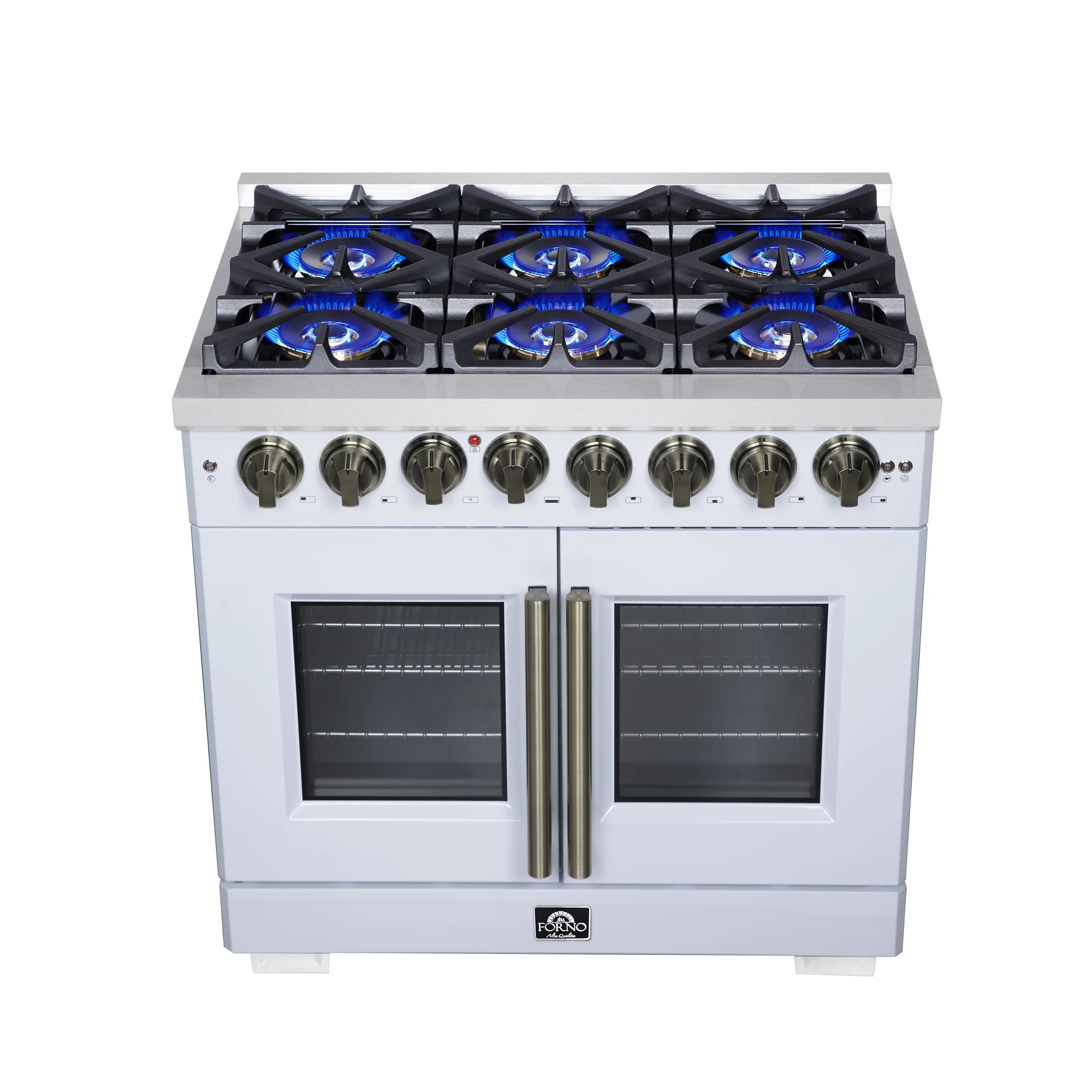 Forno Capriasca 36 Inch Freestanding French Door Dual Fuel Range in White with Antique Brass Accessories, 6 Burners, True Convection Oven - Image 11