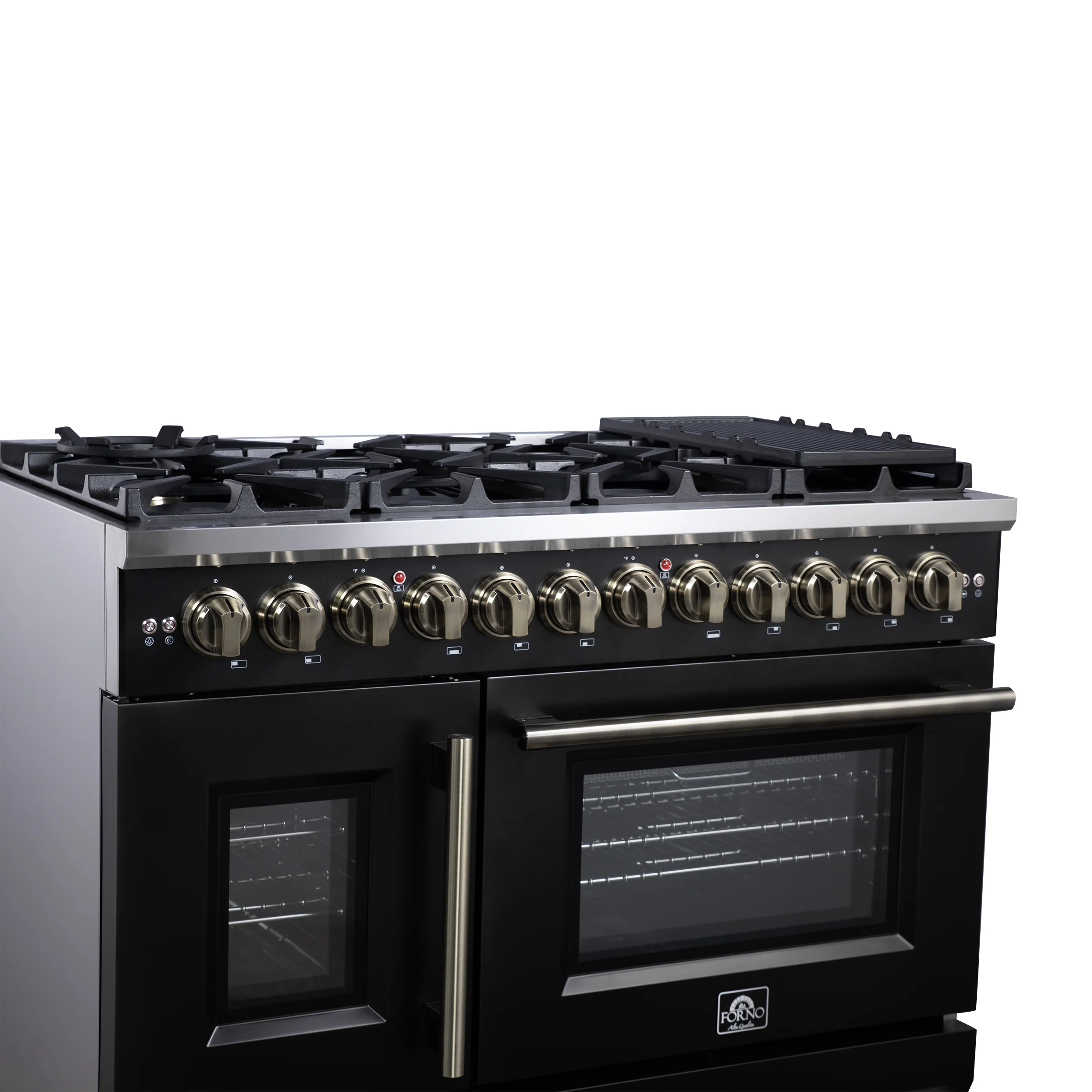 Forno Capriasca 48 Inch Freestanding French Door Dual Fuel Range in Black with Antique Brass Accessories, 8 Burners, True Convection Oven - Image 4