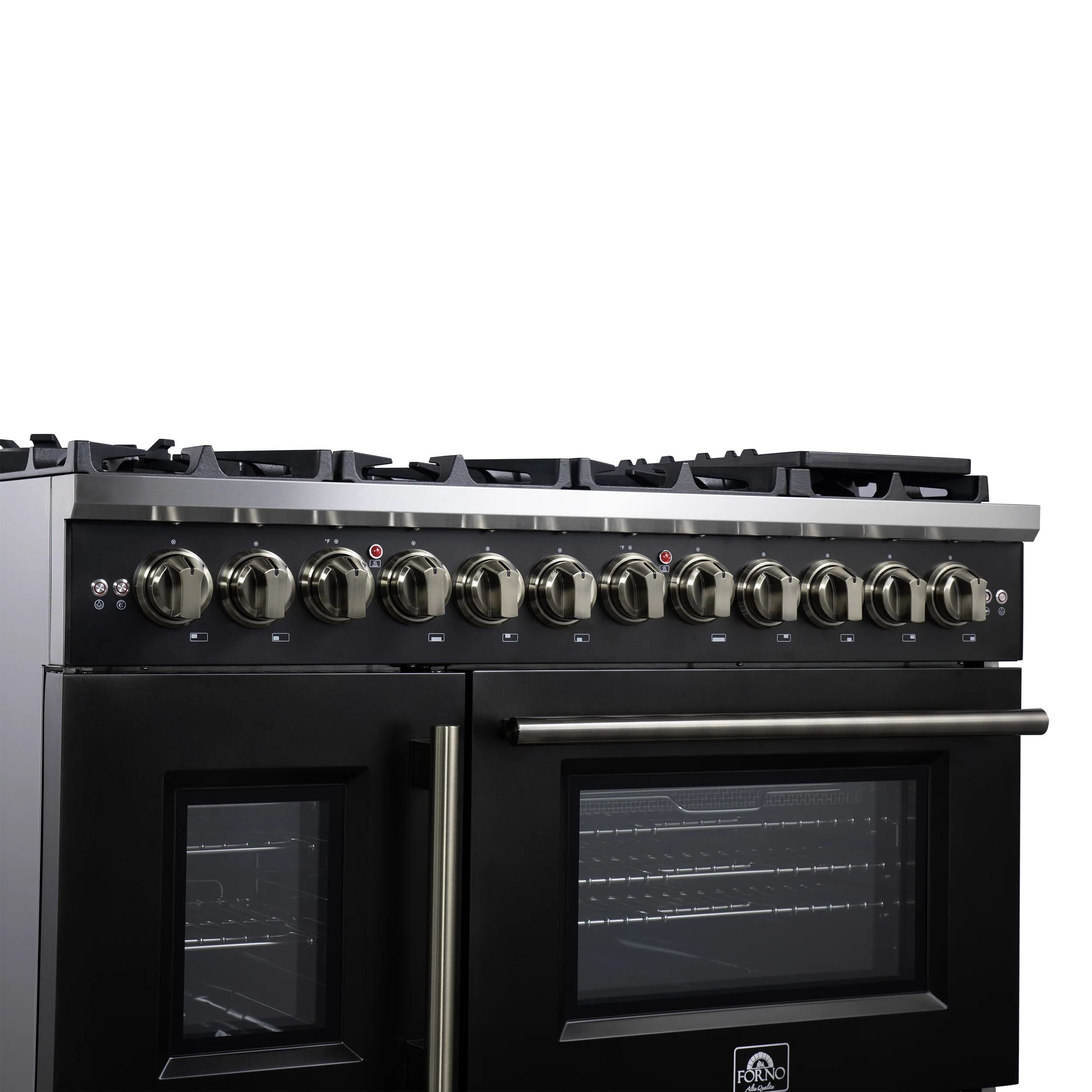 Forno Capriasca 48 Inch Freestanding French Door Dual Fuel Range in Black with Antique Brass Accessories, 8 Burners, True Convection Oven - Image 5