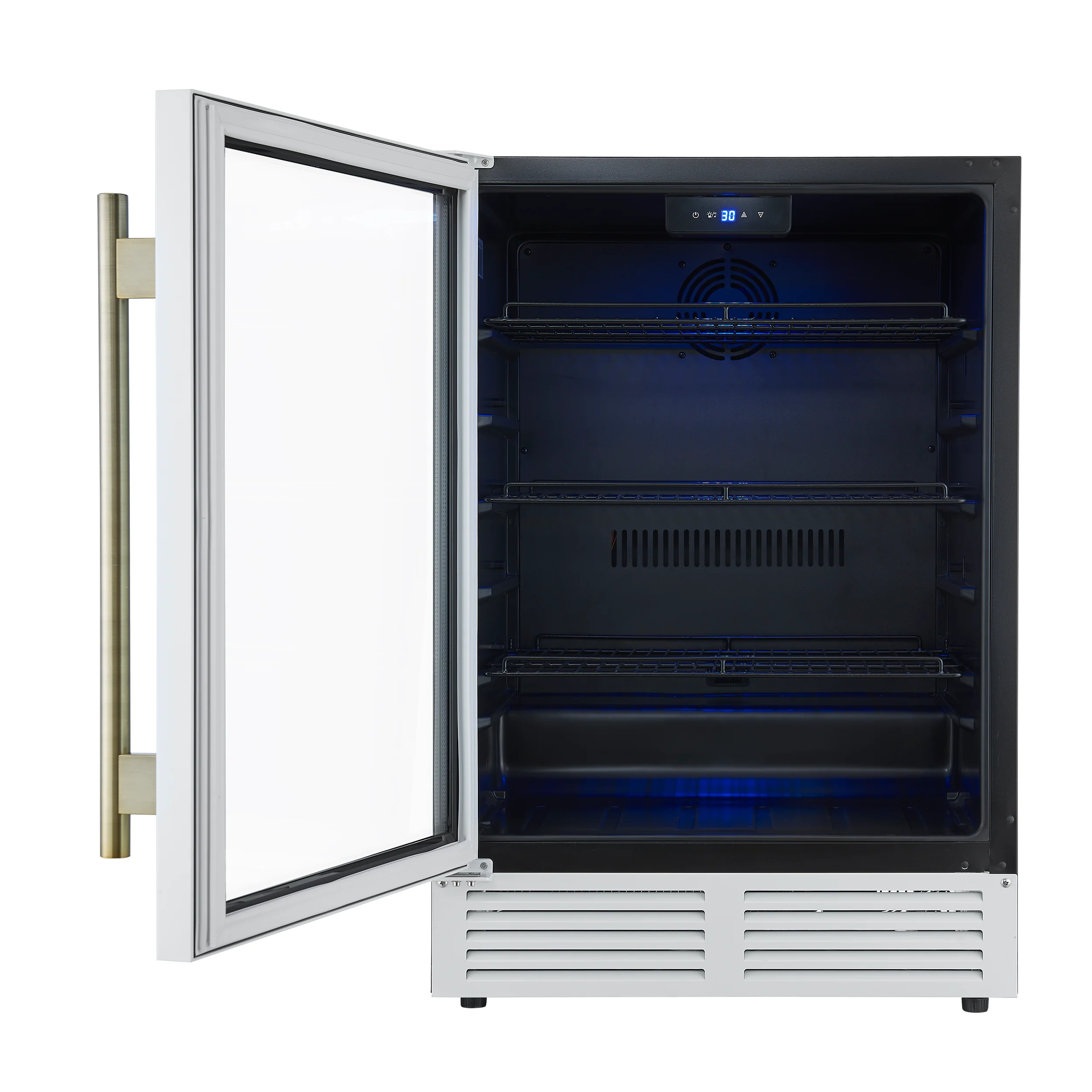 Forno Frescolino 24 Inch Beverage Cooler, White with Antique Brass Handles, with LED Lighting, Triple Glass Door, 188 Can Capacity, Built-In or Freestanding - Image 2