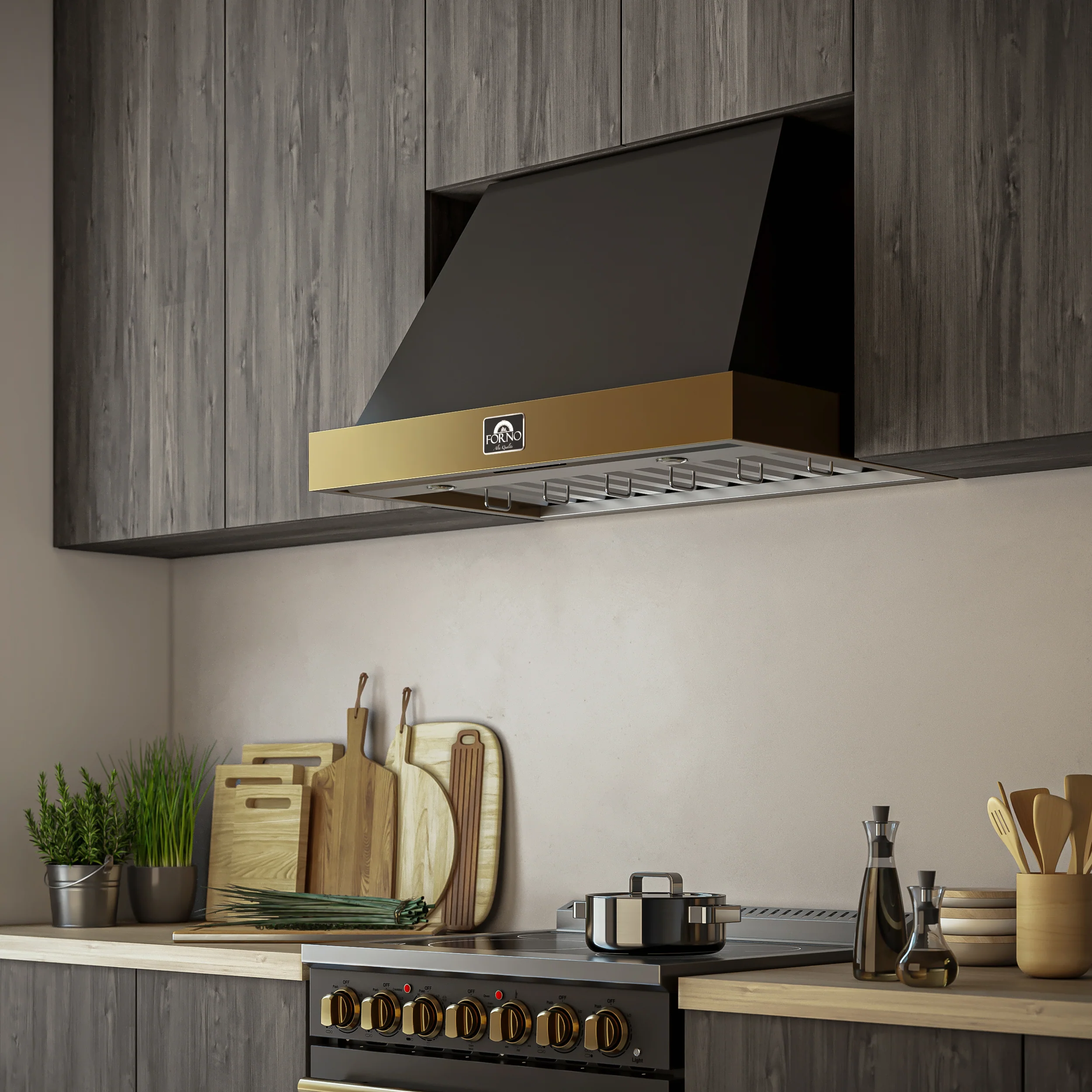 Forno Vittorio 36-Inch Wall Mount Range Hood, Black with Antique Brass Trim, 600 CFM Airflow, Dishwasher-Safe Baffle Filters, Remote Control, 3-Speed Fan, Bright LED Lighting. - Image 11