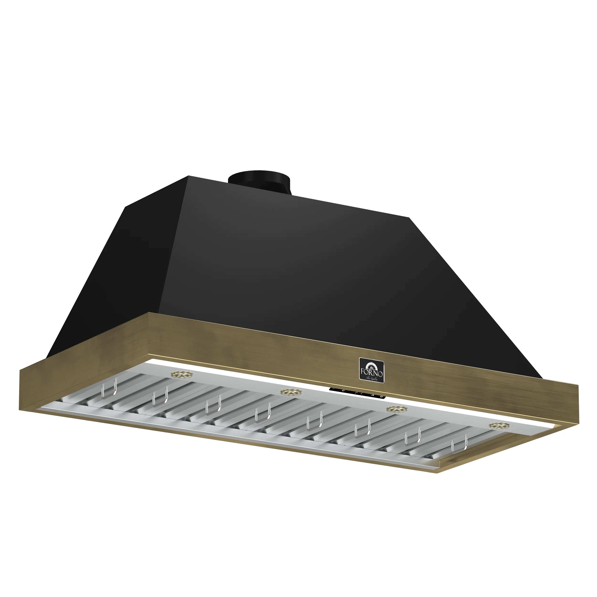 Forno Vittorio 48-Inch Wall Mount Range Hood, Black with Antique Brass Trim, 600 CFM Airflow, Dishwasher-Safe Baffle Filters, Remote Control, 3-Speed Fan, Bright LED Lighting. - Image 2