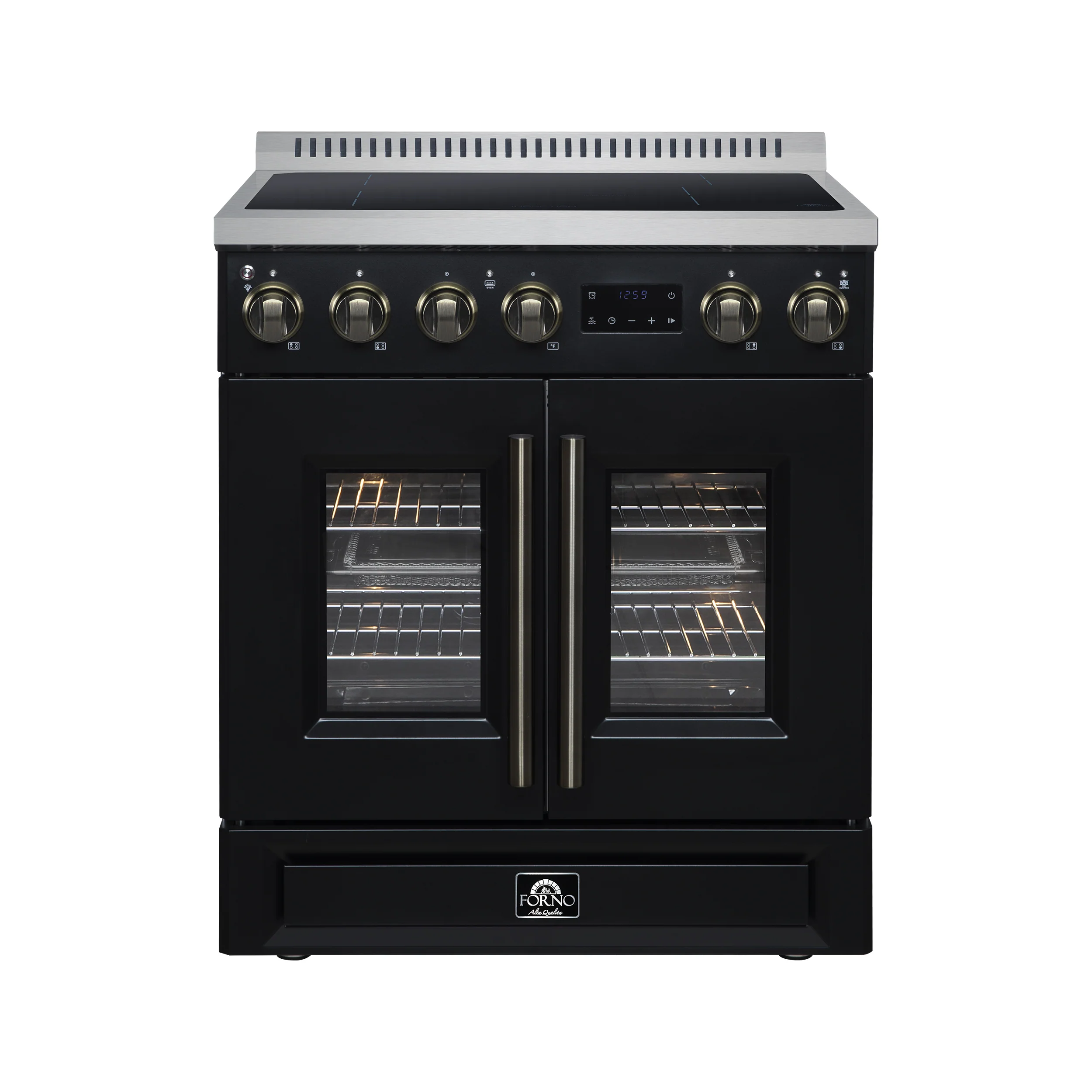 Torino French Door 30 Inch Induction Range with Air Fryer, Air Sous Vide & True Convection, Dual Broiler, Black