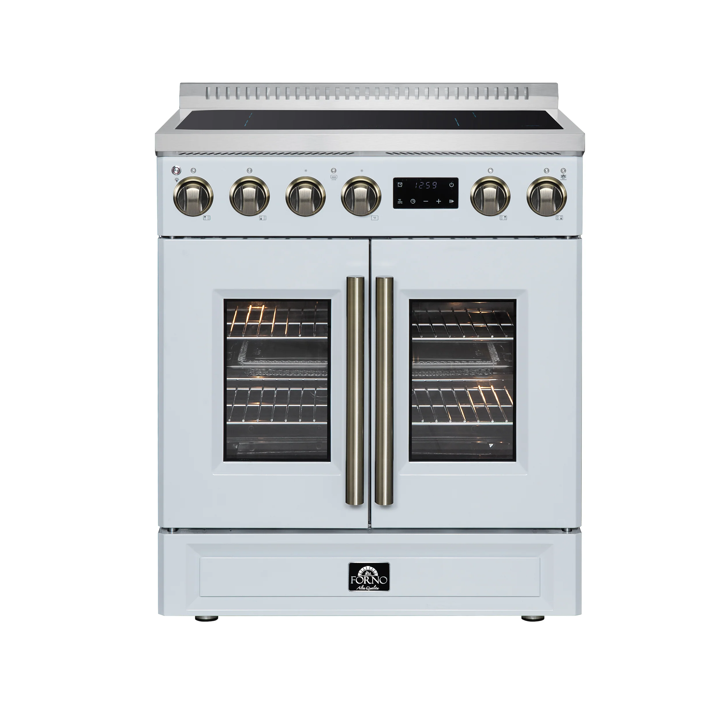 Torino French Door 30 Inch Induction Range with Air Fryer, Air Sous Vide & True Convection, Dual Broiler, White