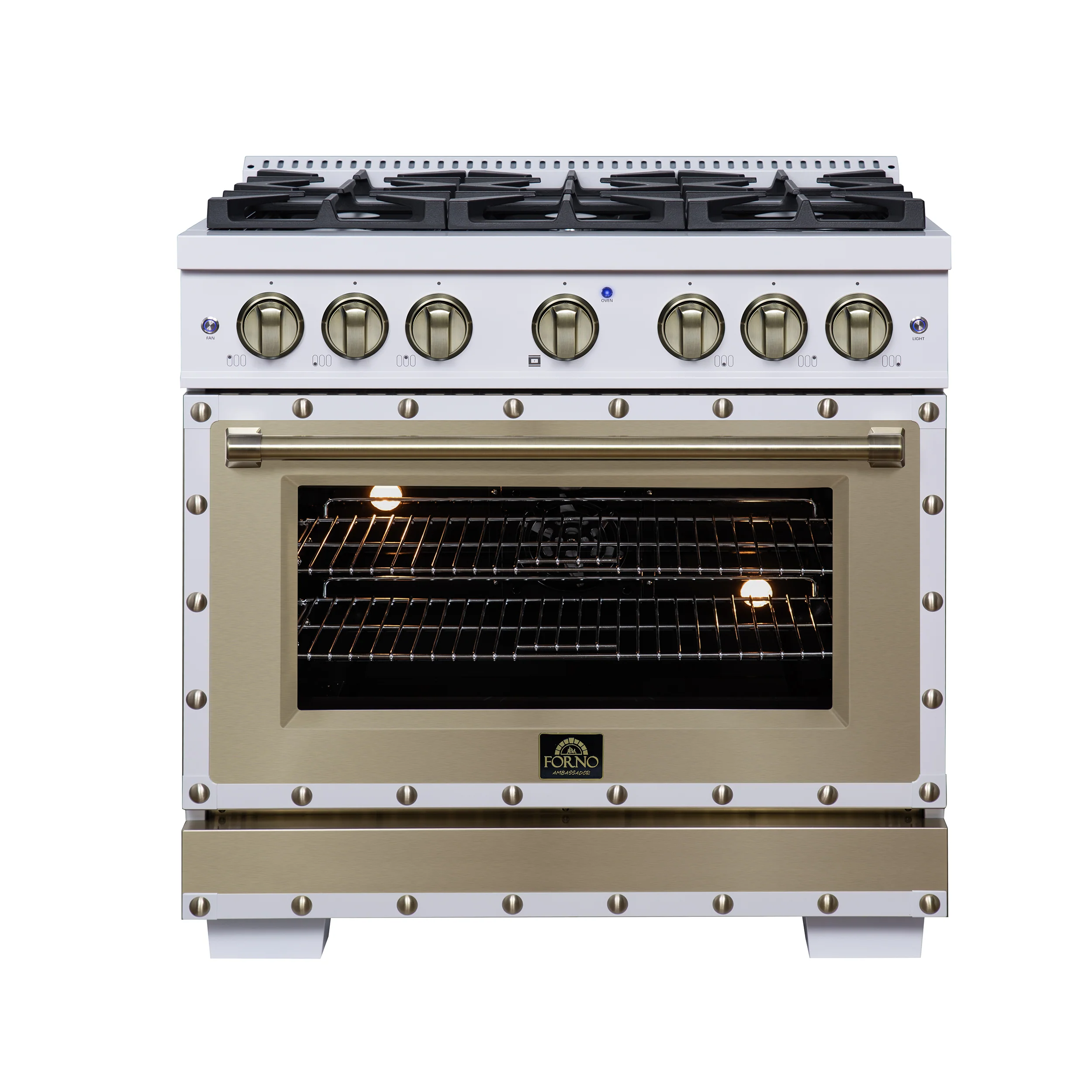 Valente 36" Dual Fuel Range in White, 6 Sealed Burners, 71 000 BTU Cooktop Output , 5.2 Cu.Ft. convection Oven, Telescopic Racks