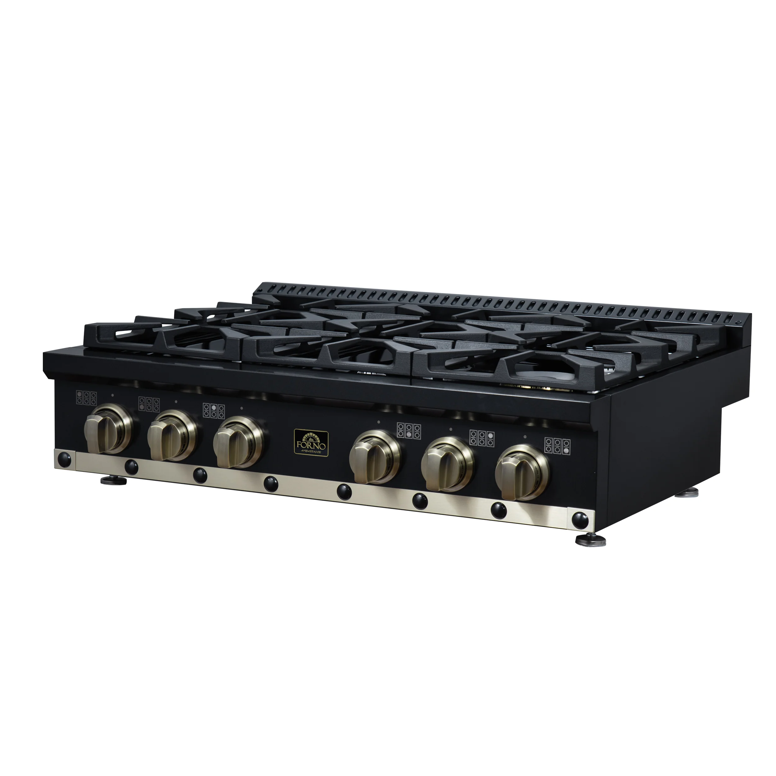 Valente 36" Gas Cooktop in Black, 6 Sealed burners, 71,000 BUT Output, 1 Antique Brass Dual-Ring Burner, Continuous Cast Iron Grates - Image 2