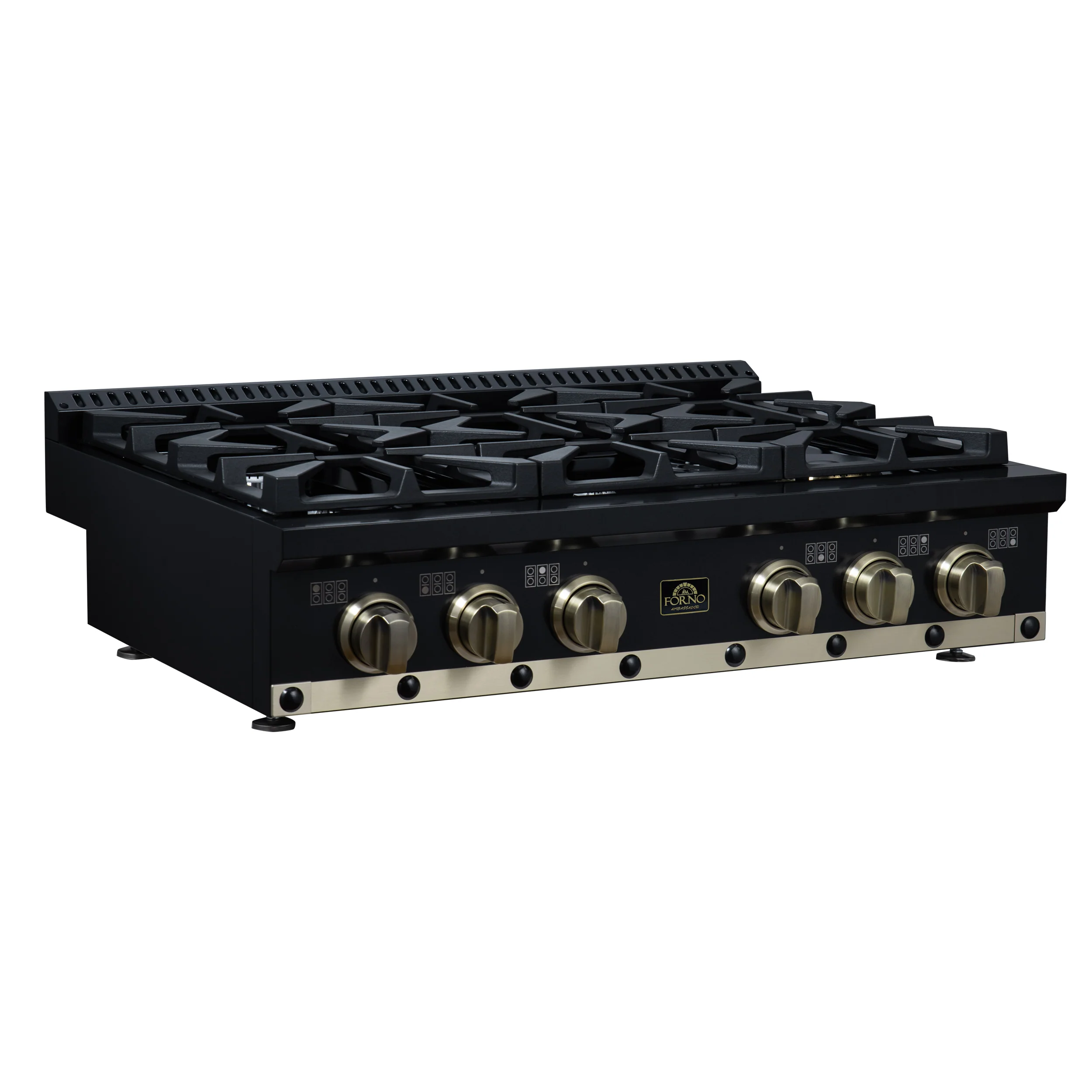 Valente 36" Gas Cooktop in Black, 6 Sealed burners, 71,000 BUT Output, 1 Antique Brass Dual-Ring Burner, Continuous Cast Iron Grates - Image 6