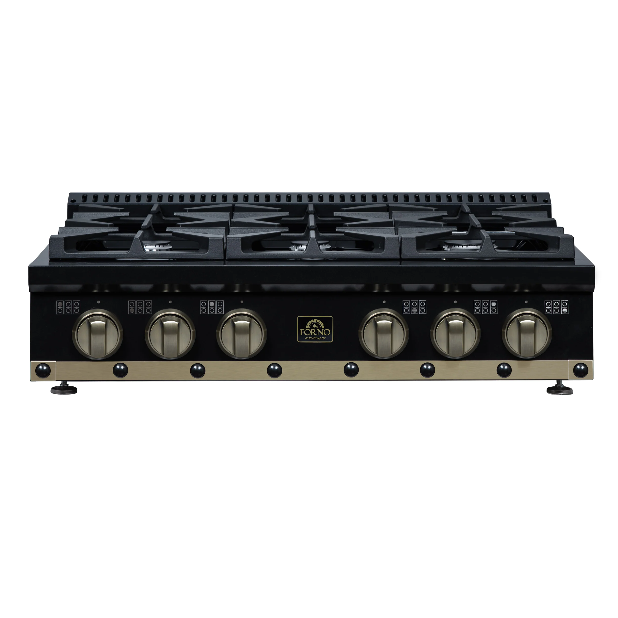 Valente 36" Gas Cooktop in Black, 6 Sealed burners, 71,000 BUT Output, 1 Antique Brass Dual-Ring Burner, Continuous Cast Iron Grates - Image 8