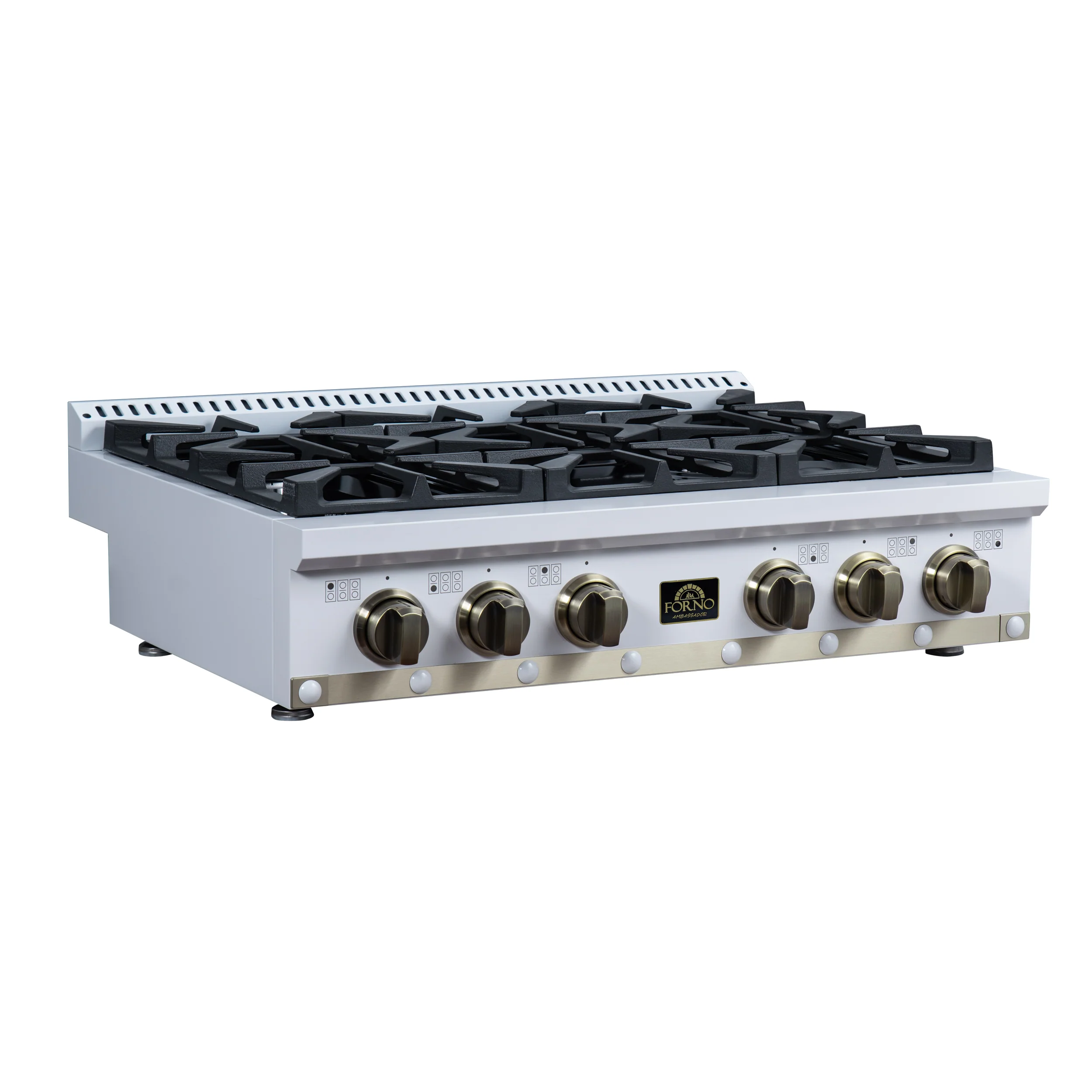 Valente 36" Gas Cooktop in White, 6 Sealed burners, 71,000 BUT Output, 1 Antique Brass Dual-Ring Burner, Continuous Cast Iron Grates - Image 2
