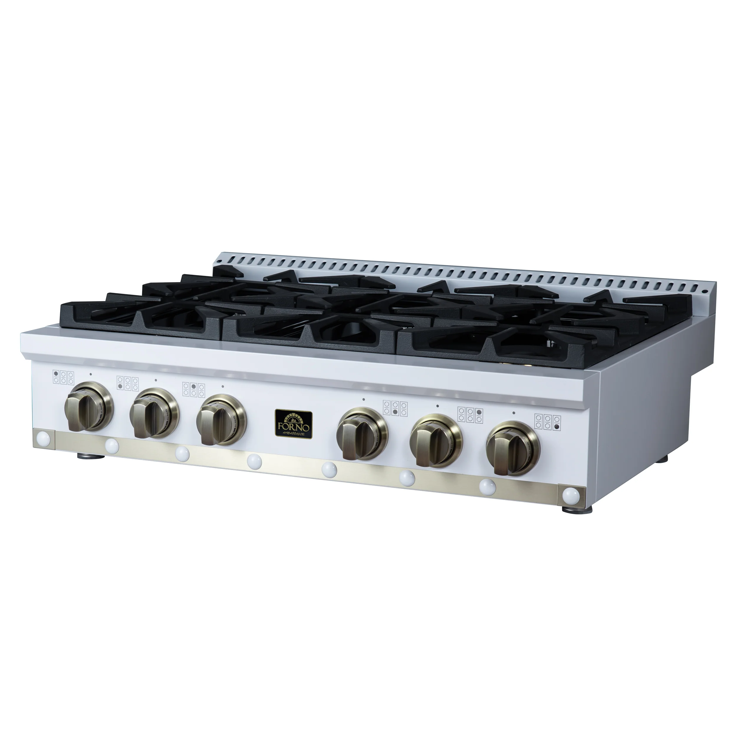 Valente 36" Gas Cooktop in White, 6 Sealed burners, 71,000 BUT Output, 1 Antique Brass Dual-Ring Burner, Continuous Cast Iron Grates - Image 6