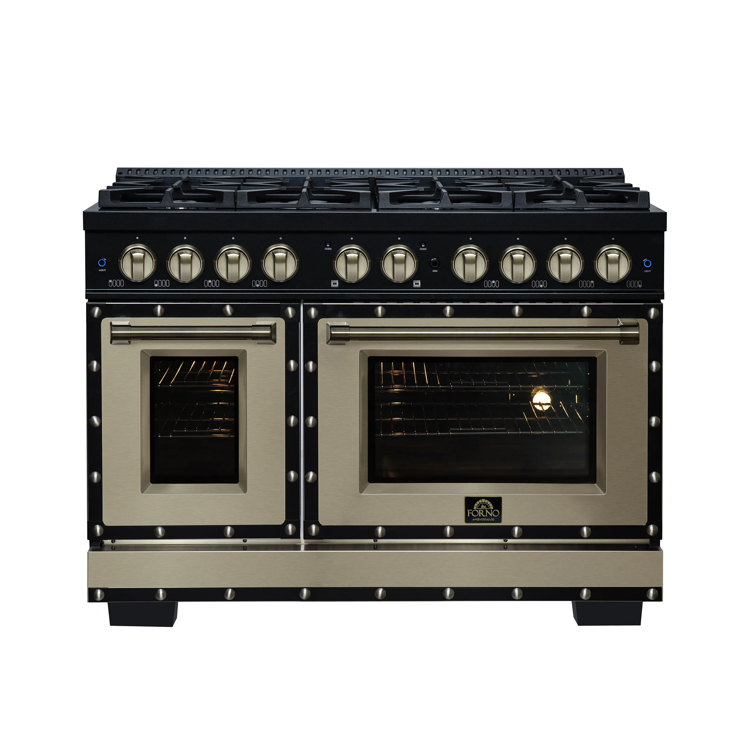 Valente 48" Dual Fuel Range in Black, 8 Sealed Burners, 94 000 BTU Cooktop Output, 6.7 Cu.Ft. Double Oven, Telescopic Racks - Image 2
