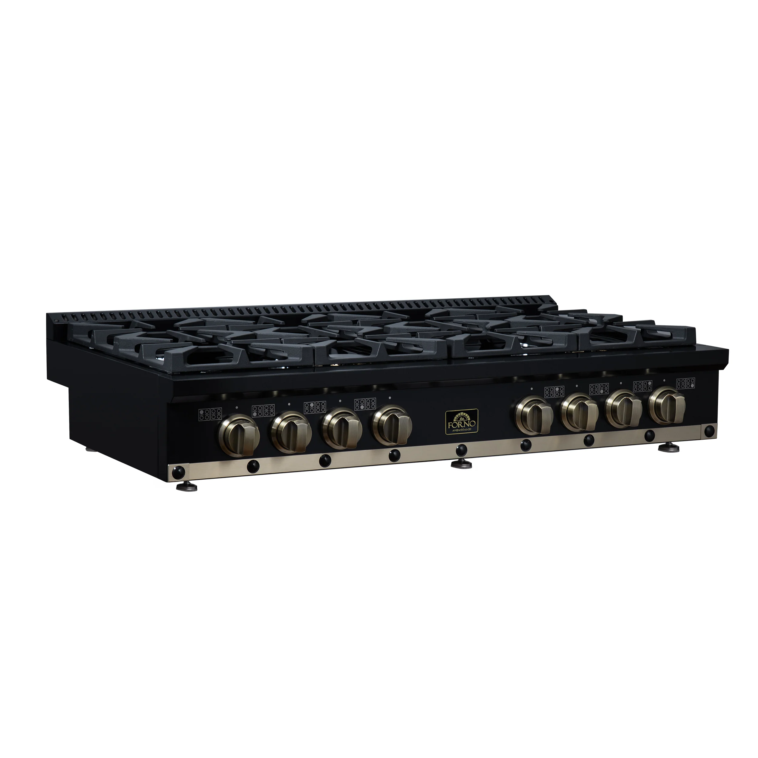 Valente 48" Gas Cooktop in Black, 8 Sealed burners, 94,000 BUT Output, 2 Antique Brass Dual-Ring Burners, Continuous Cast Iron Grates - Image 3