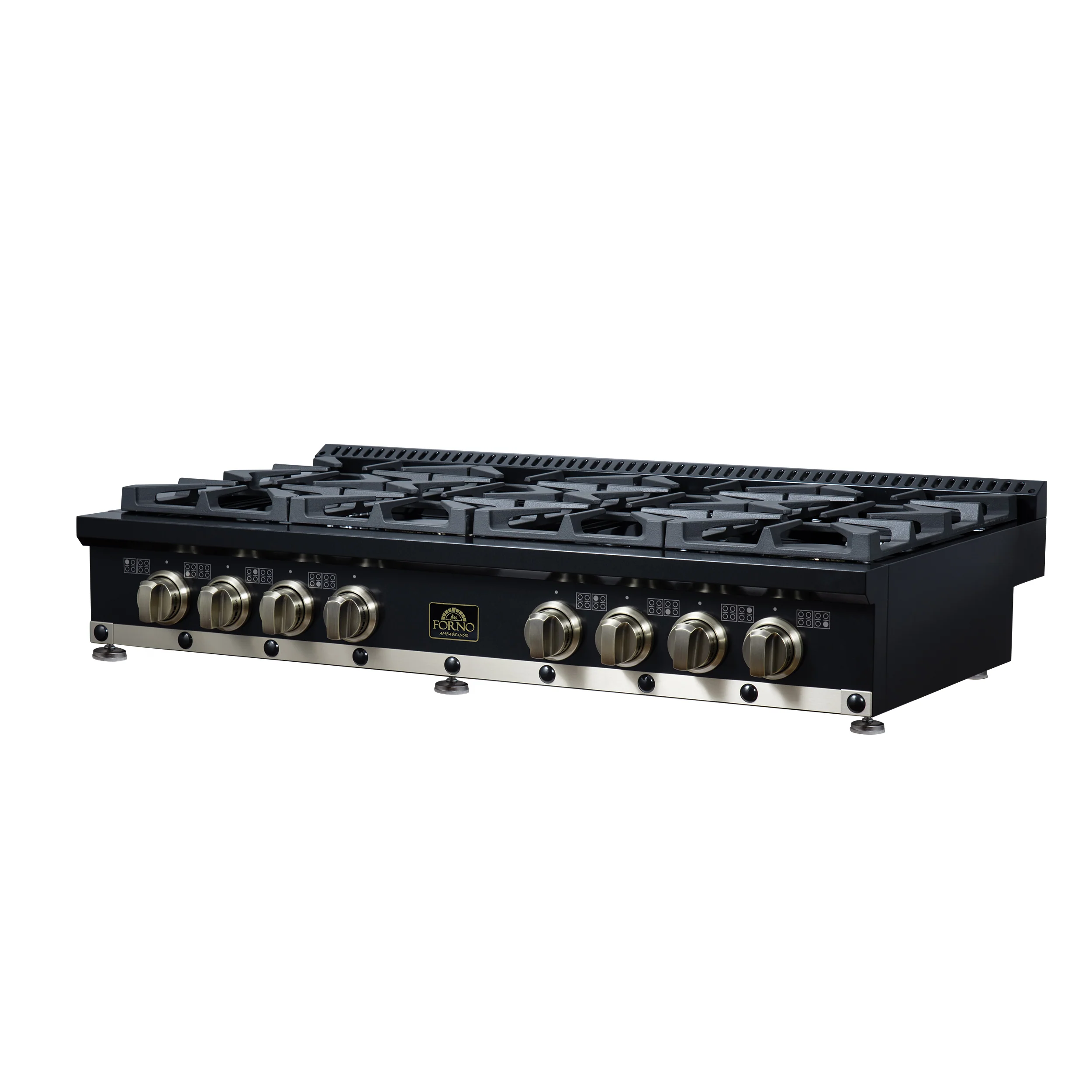 Valente 48" Gas Cooktop in Black, 8 Sealed burners, 94,000 BUT Output, 2 Antique Brass Dual-Ring Burners, Continuous Cast Iron Grates - Image 4