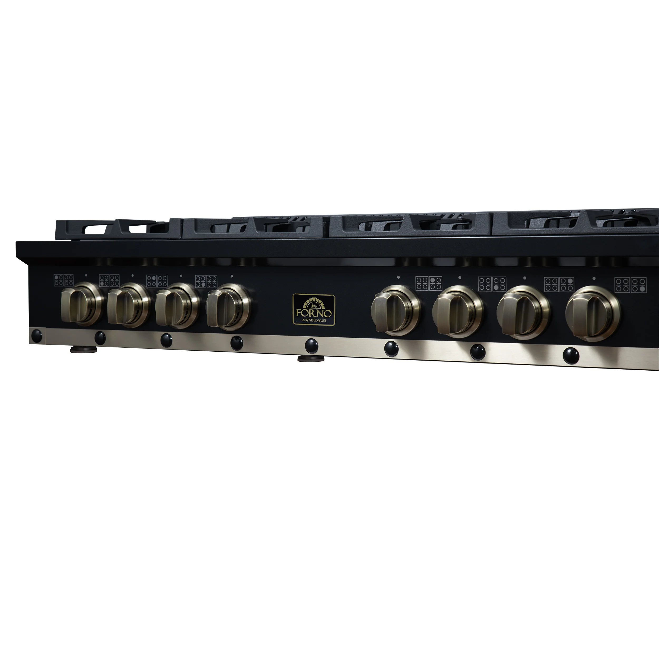 Valente 48" Gas Cooktop in Black, 8 Sealed burners, 94,000 BUT Output, 2 Antique Brass Dual-Ring Burners, Continuous Cast Iron Grates - Image 5