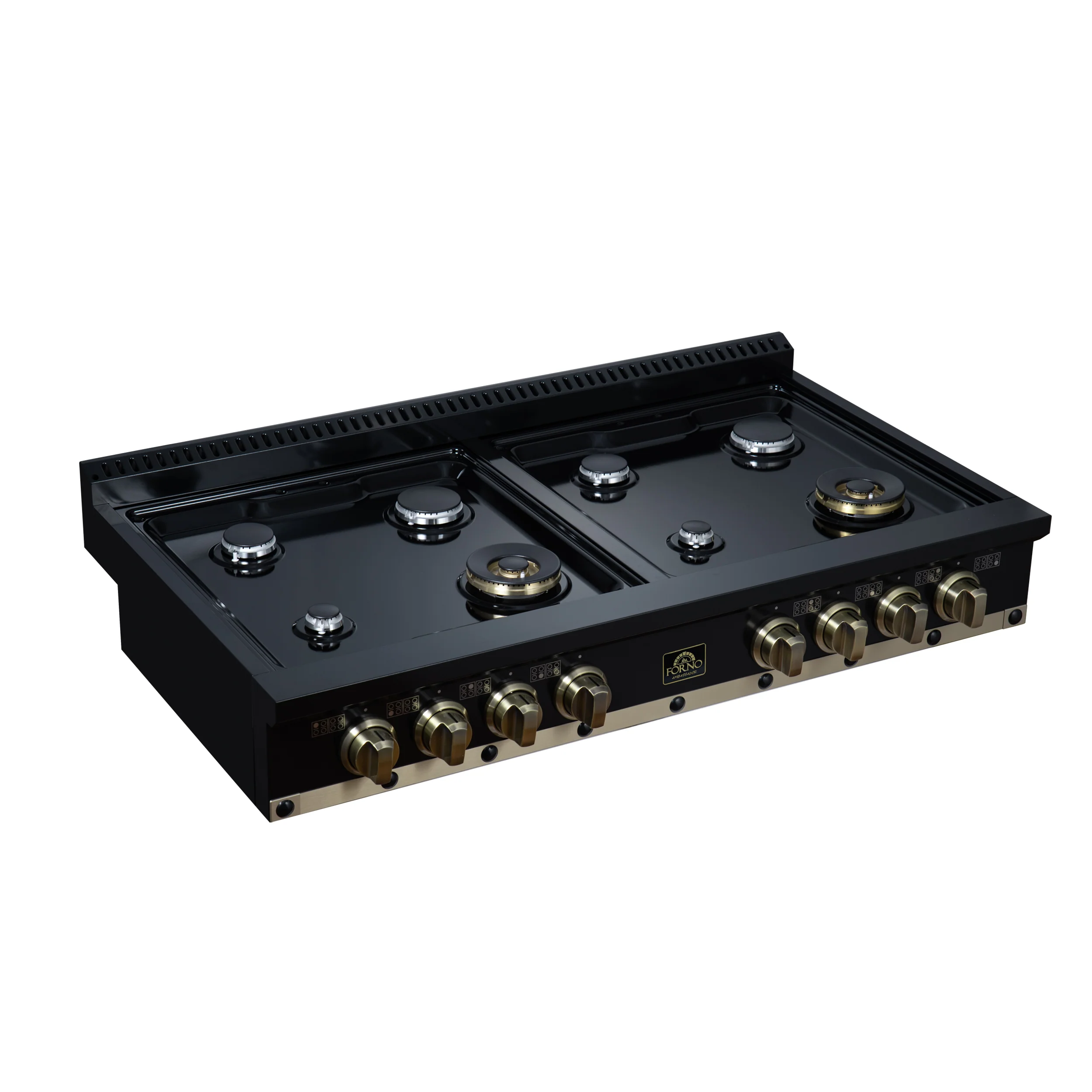 Valente 48" Gas Cooktop in Black, 8 Sealed burners, 94,000 BUT Output, 2 Antique Brass Dual-Ring Burners, Continuous Cast Iron Grates - Image 7