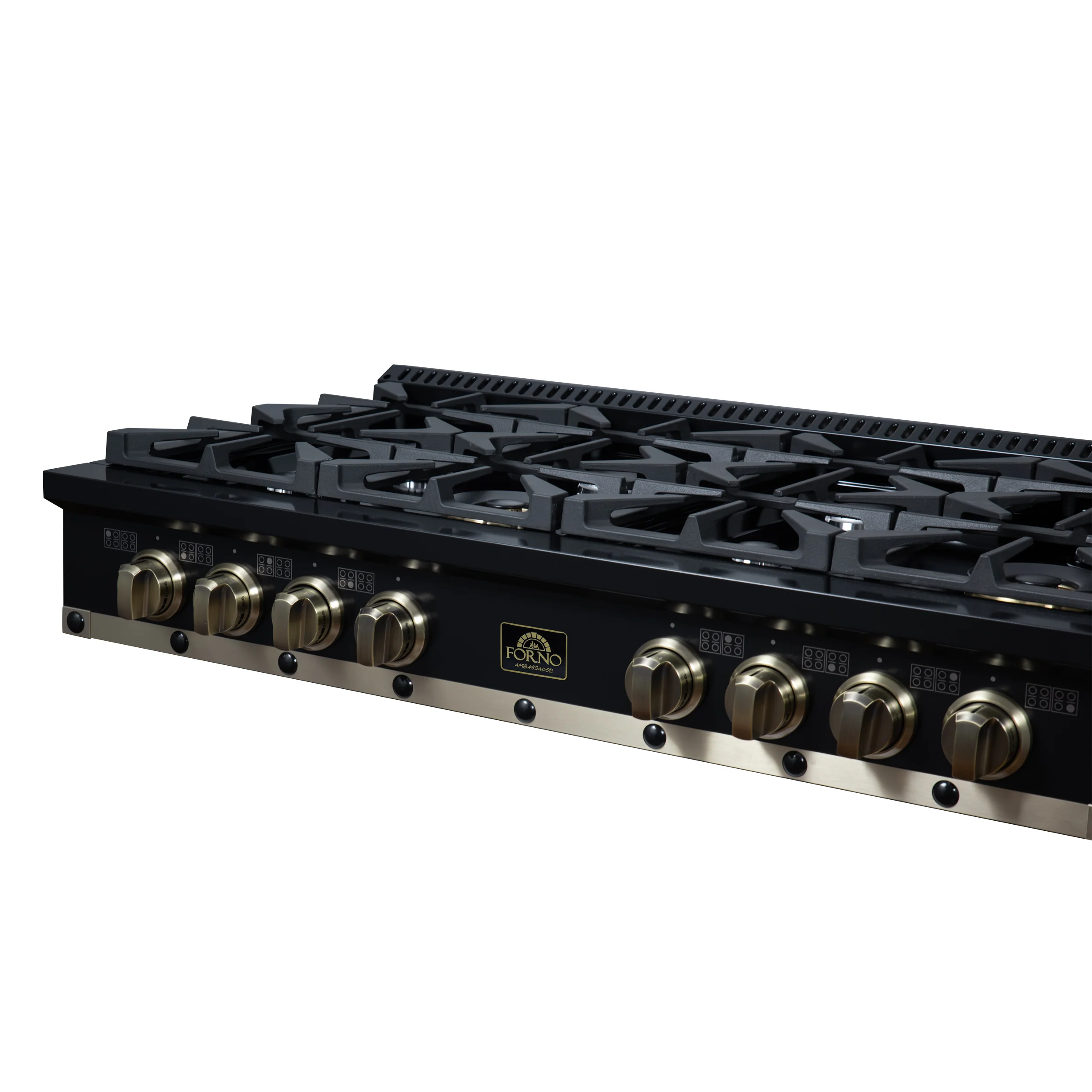Valente 48" Gas Cooktop in Black, 8 Sealed burners, 94,000 BUT Output, 2 Antique Brass Dual-Ring Burners, Continuous Cast Iron Grates - Image 9