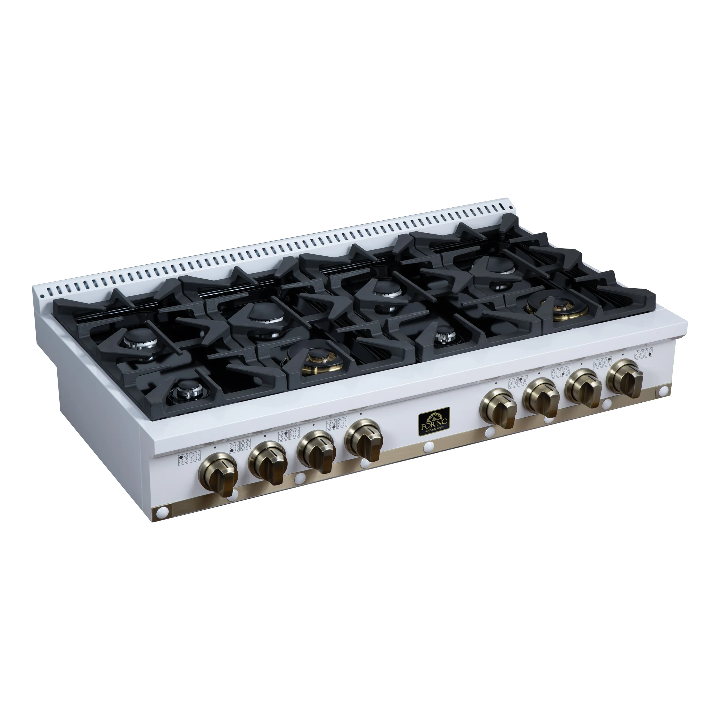 Valente 48" Gas Cooktop in White, 8 Sealed burners, 94,000 BUT Output, 2 Antique Brass Dual-Ring Burners, Continuous Cast Iron Grates - Image 10