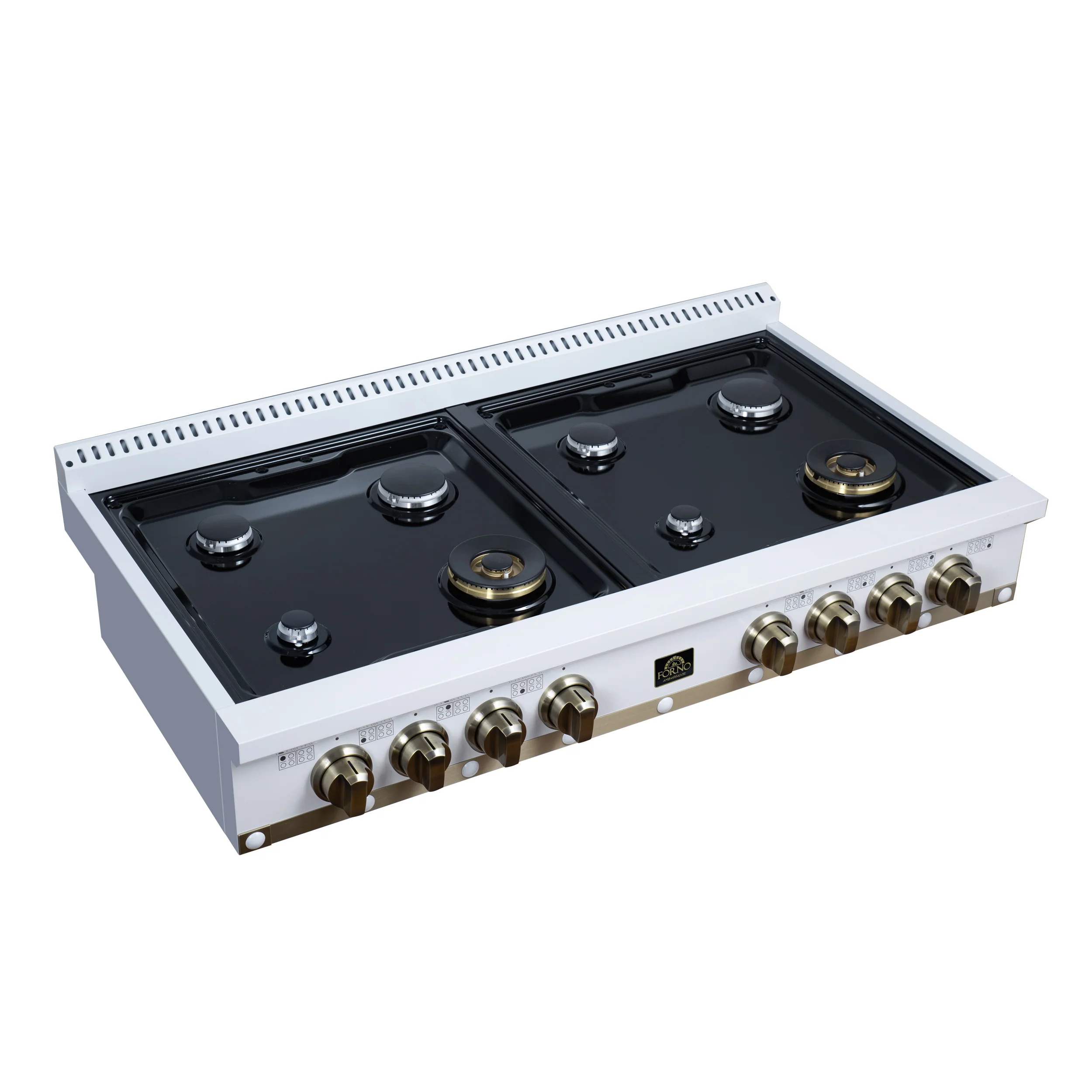 Valente 48" Gas Cooktop in White, 8 Sealed burners, 94,000 BUT Output, 2 Antique Brass Dual-Ring Burners, Continuous Cast Iron Grates - Image 11