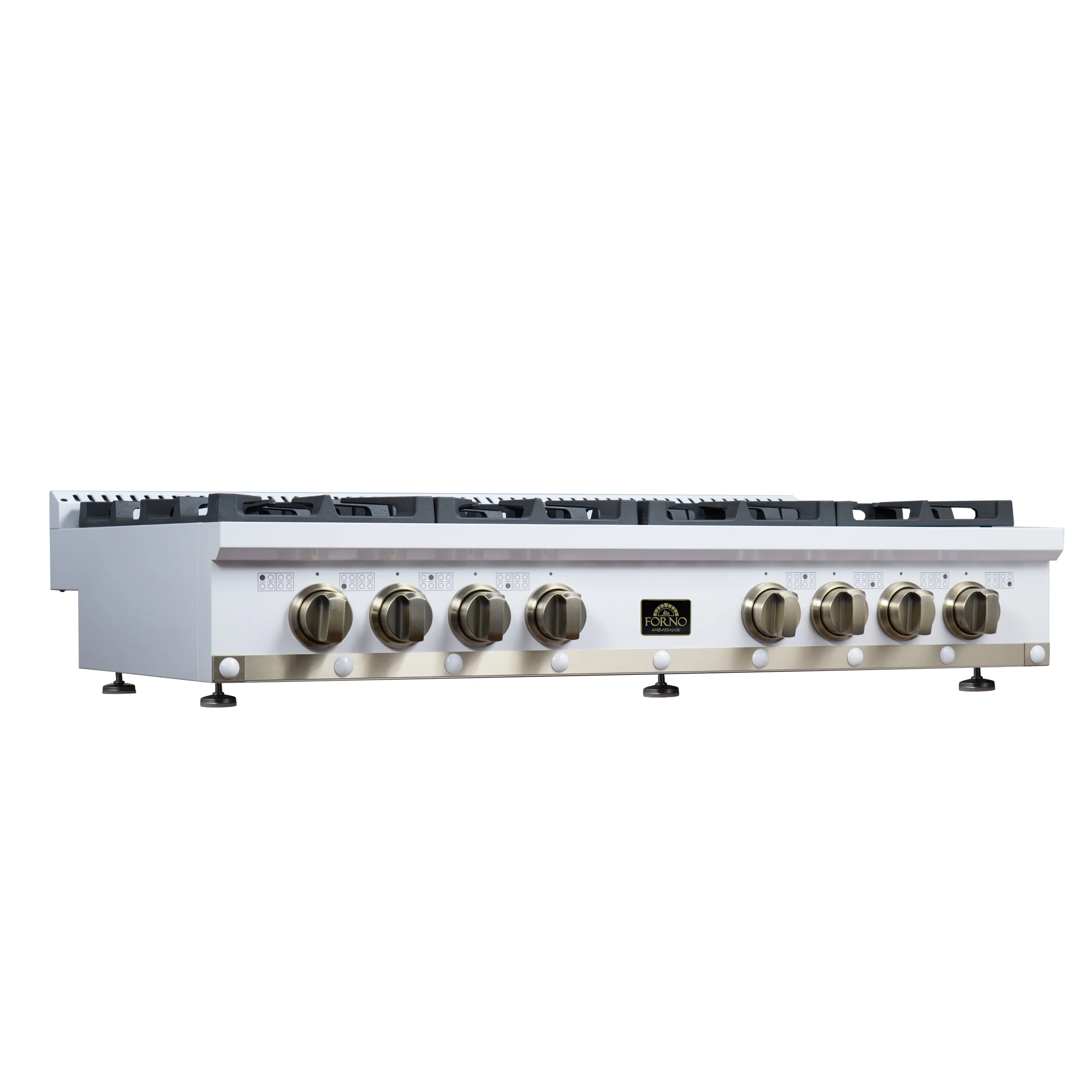 Valente 48" Gas Cooktop in White, 8 Sealed burners, 94,000 BUT Output, 2 Antique Brass Dual-Ring Burners, Continuous Cast Iron Grates - Image 2