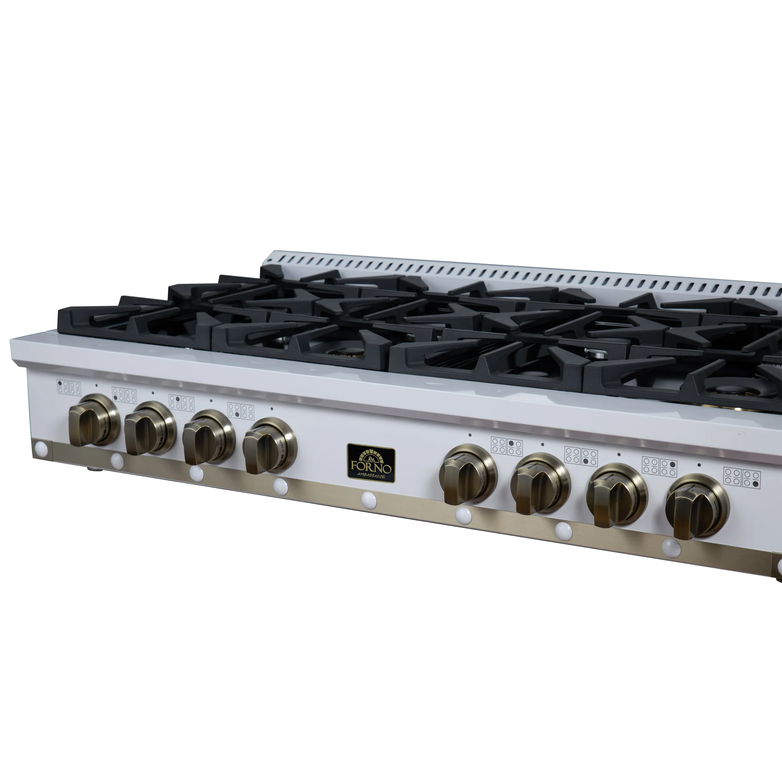 Valente 48" Gas Cooktop in White, 8 Sealed burners, 94,000 BUT Output, 2 Antique Brass Dual-Ring Burners, Continuous Cast Iron Grates - Image 3