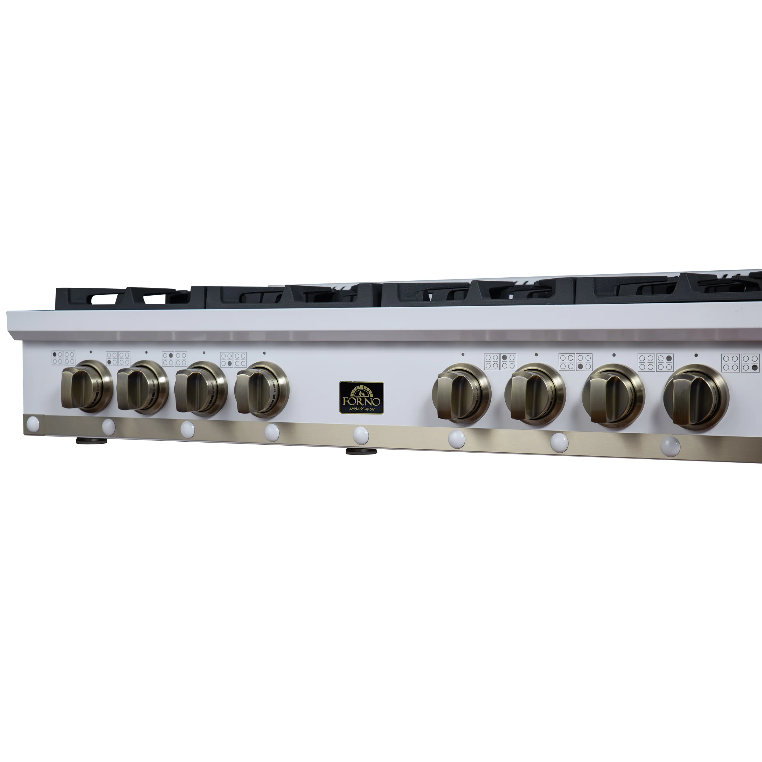 Valente 48" Gas Cooktop in White, 8 Sealed burners, 94,000 BUT Output, 2 Antique Brass Dual-Ring Burners, Continuous Cast Iron Grates - Image 4