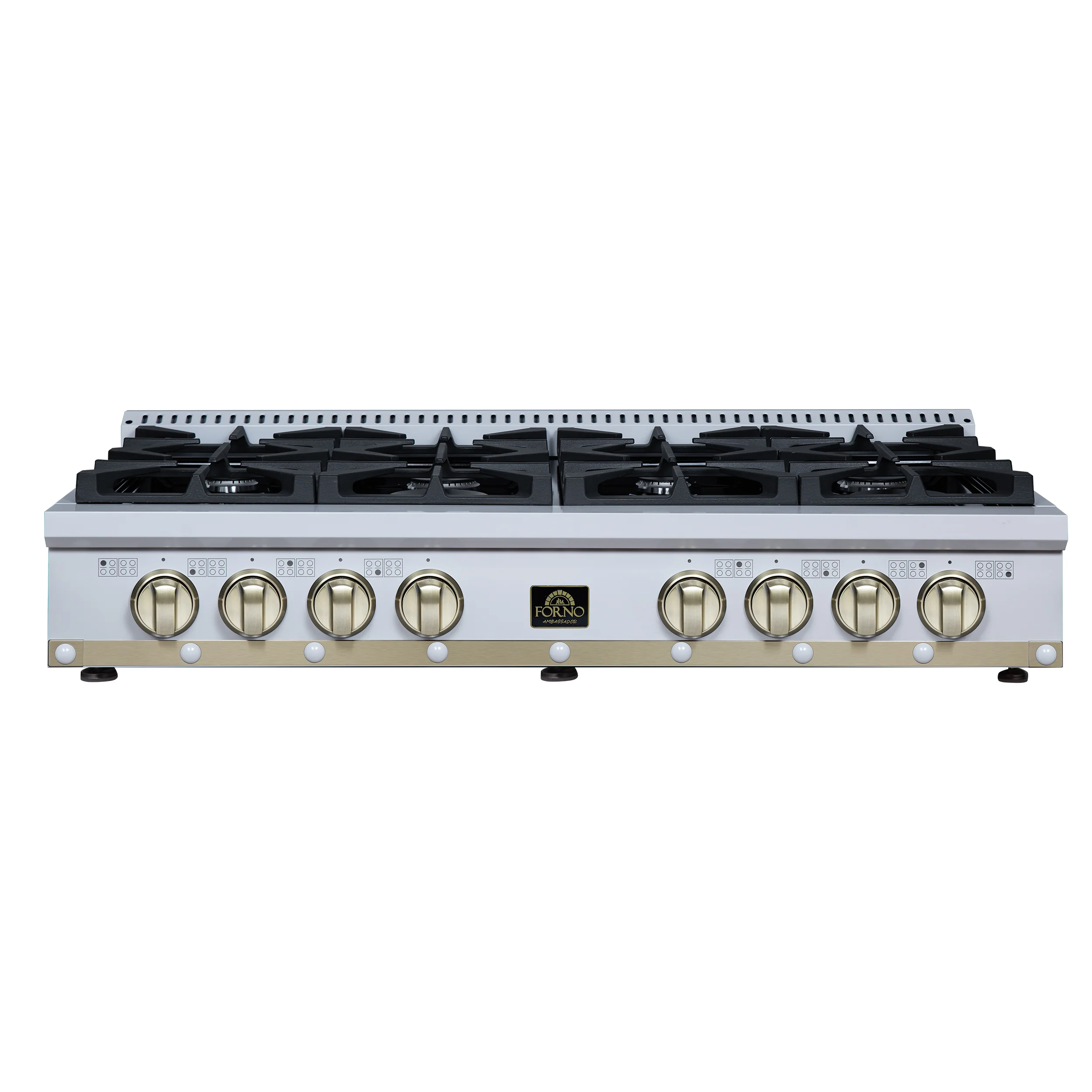 Valente 48" Gas Cooktop in White, 8 Sealed burners, 94,000 BUT Output, 2 Antique Brass Dual-Ring Burners, Continuous Cast Iron Grates - Image 7