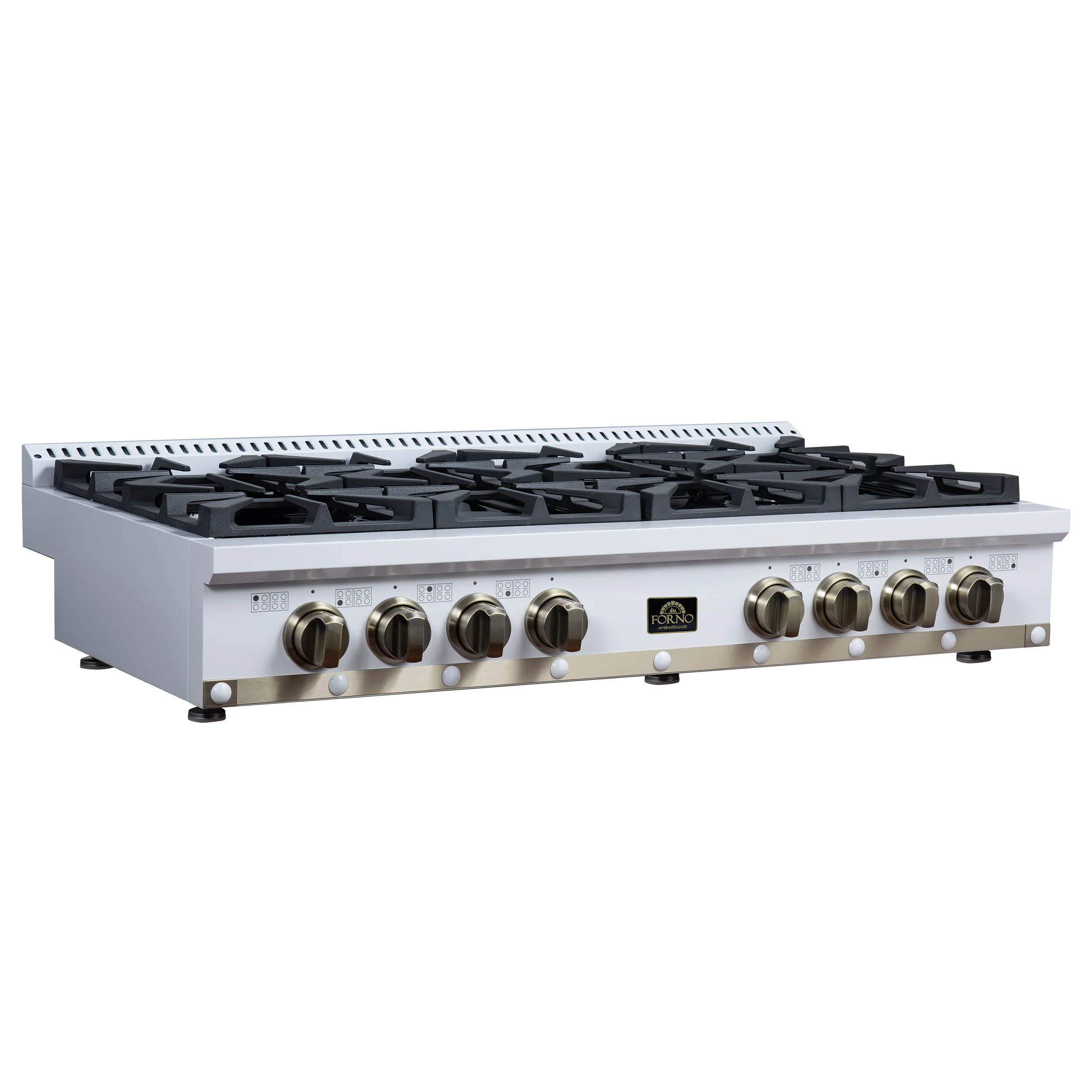 Valente 48" Gas Cooktop in White, 8 Sealed burners, 94,000 BUT Output, 2 Antique Brass Dual-Ring Burners, Continuous Cast Iron Grates - Image 8
