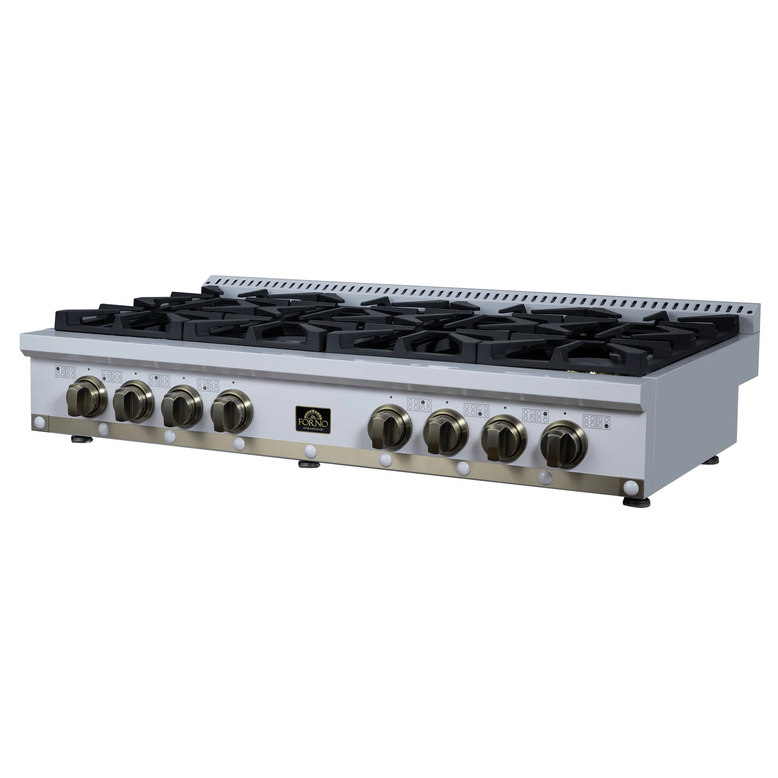 Valente 48" Gas Cooktop in White, 8 Sealed burners, 94,000 BUT Output, 2 Antique Brass Dual-Ring Burners, Continuous Cast Iron Grates - Image 9