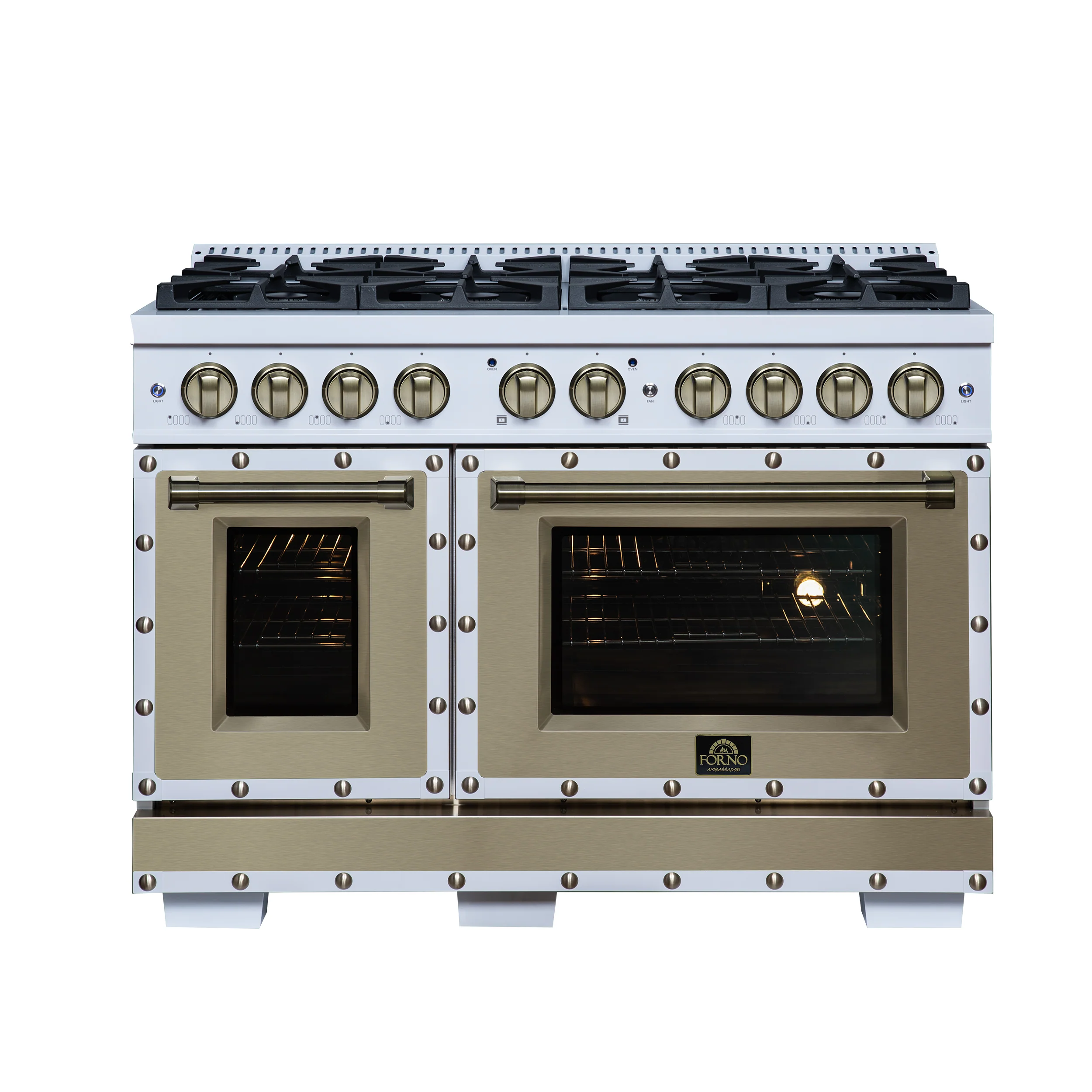 Valente 48" Gas Range in White, 8 Sealed Burnes, 94 000 BTU Cooktop Output, 6.7 Cu.Ft. Double Oven, Telescopic Racks - Image 2